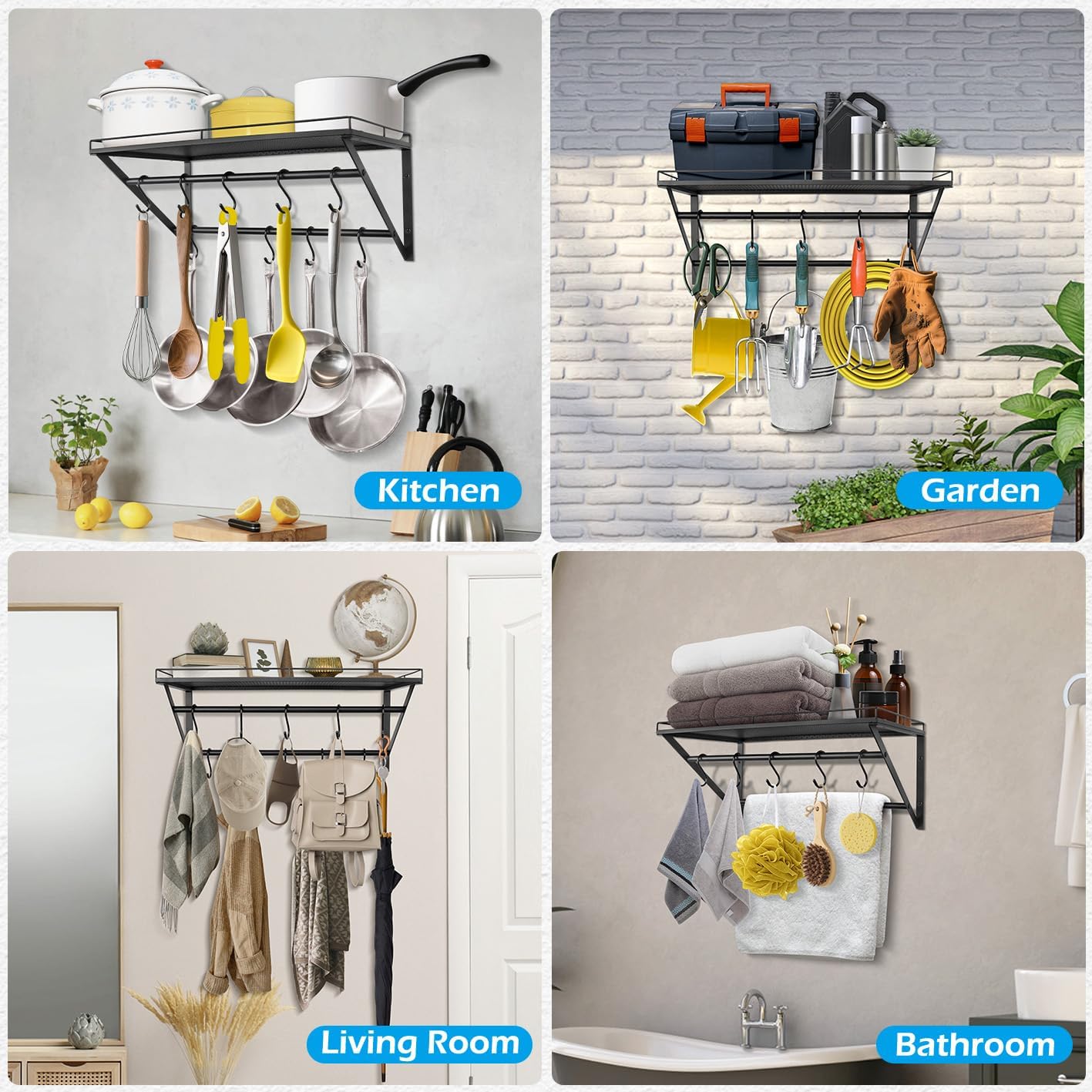 RedCall 2 Pack Garage Wall Shelf with 10 Hooks,23.5" x 13"Wall Mounted Storage Shelves with 2 Hanging Bars Rack for Garage, Closet, Laundry Room,Heavy Duty Metal Shelves