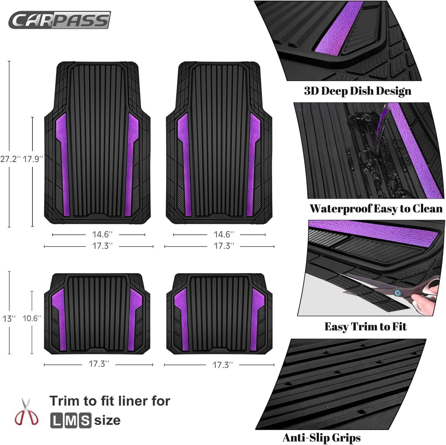 CAR PASS Heavy Duty Rubber Car Mats Metallic,Aluminum Film All Weather Floor Mats Waterproof Universal Trim to Fit SUVs Sedans Vans 4 Piece Anodized Deep Dish Two-Tone Sporty Black Purple Chrome