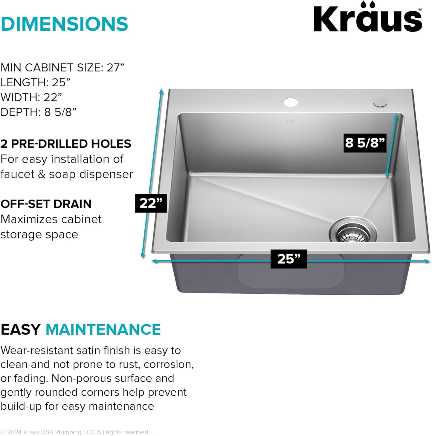 KRAUS Fairlane 25-inch Drop In/Top Mount Single Bowl 18-Gauge Stainless Steel Kitchen Sink, KHT641-25