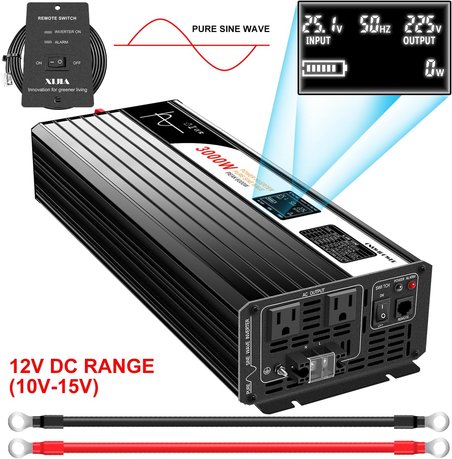 DC 12v AC 120V 60HZ Pure sine Wave 3000w Solar Power Inverter with Remote Switch&Soft Start for Home (DC12V (Range 10V-15V) 3000W)…