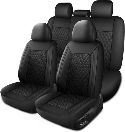 Leather Car Seat Covers,Breathable and Waterproof Seat Cover Full Set,PU Premium Universal Fit Automotive Airbag Compatible for Cars Sedans SUVs Vans and Trucks(Full Seat,Black,N1)