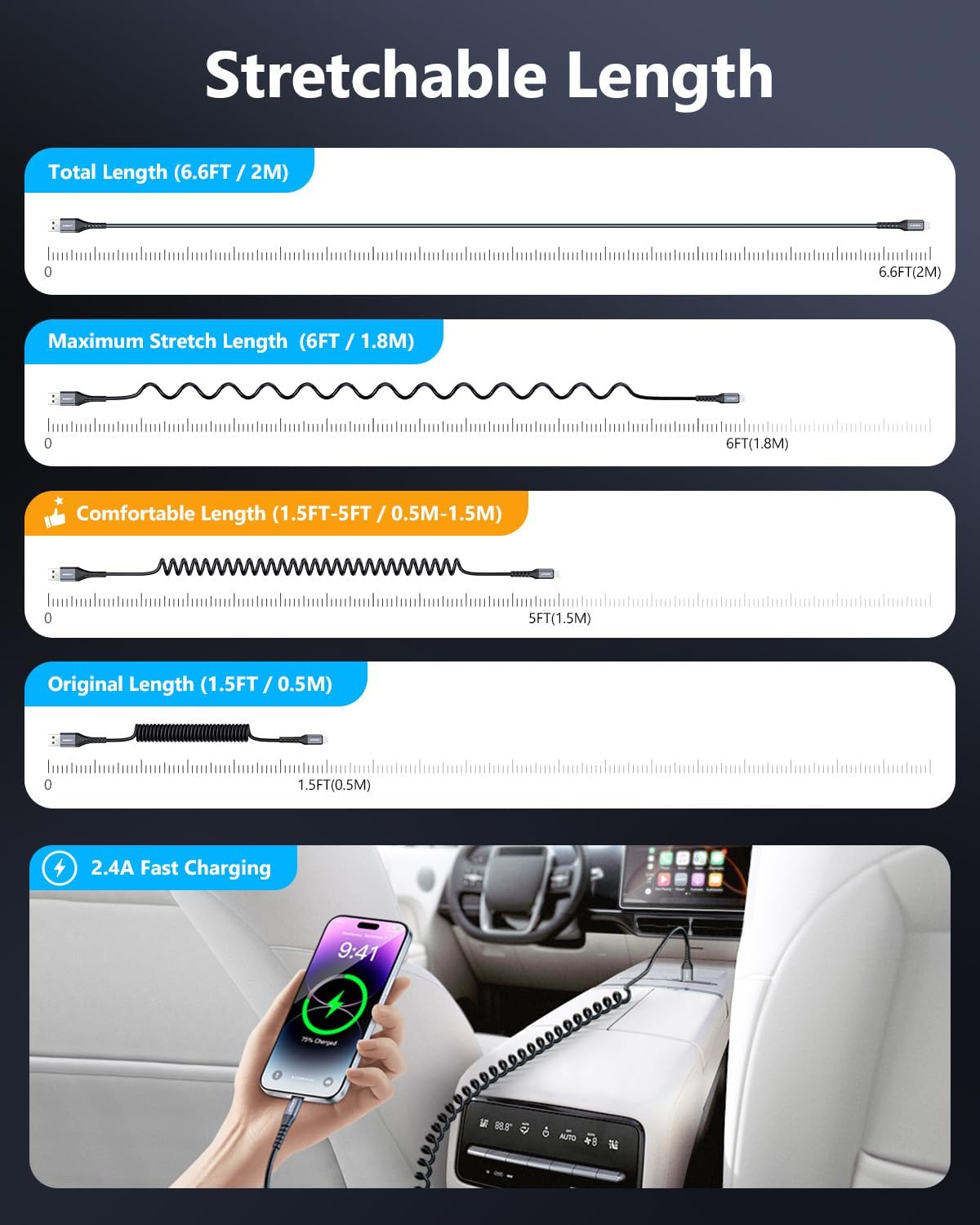 SUNGUY Coiled USB to Lightning Cable for Car, 2-Pack 4FT [MFi Certified] Retractable iPhone Charger Cable, Fast Charging CarPlay Cable for iPhone 14/13/12/11 Pro Max/XS MAX/XR/XS/iPad/iPod