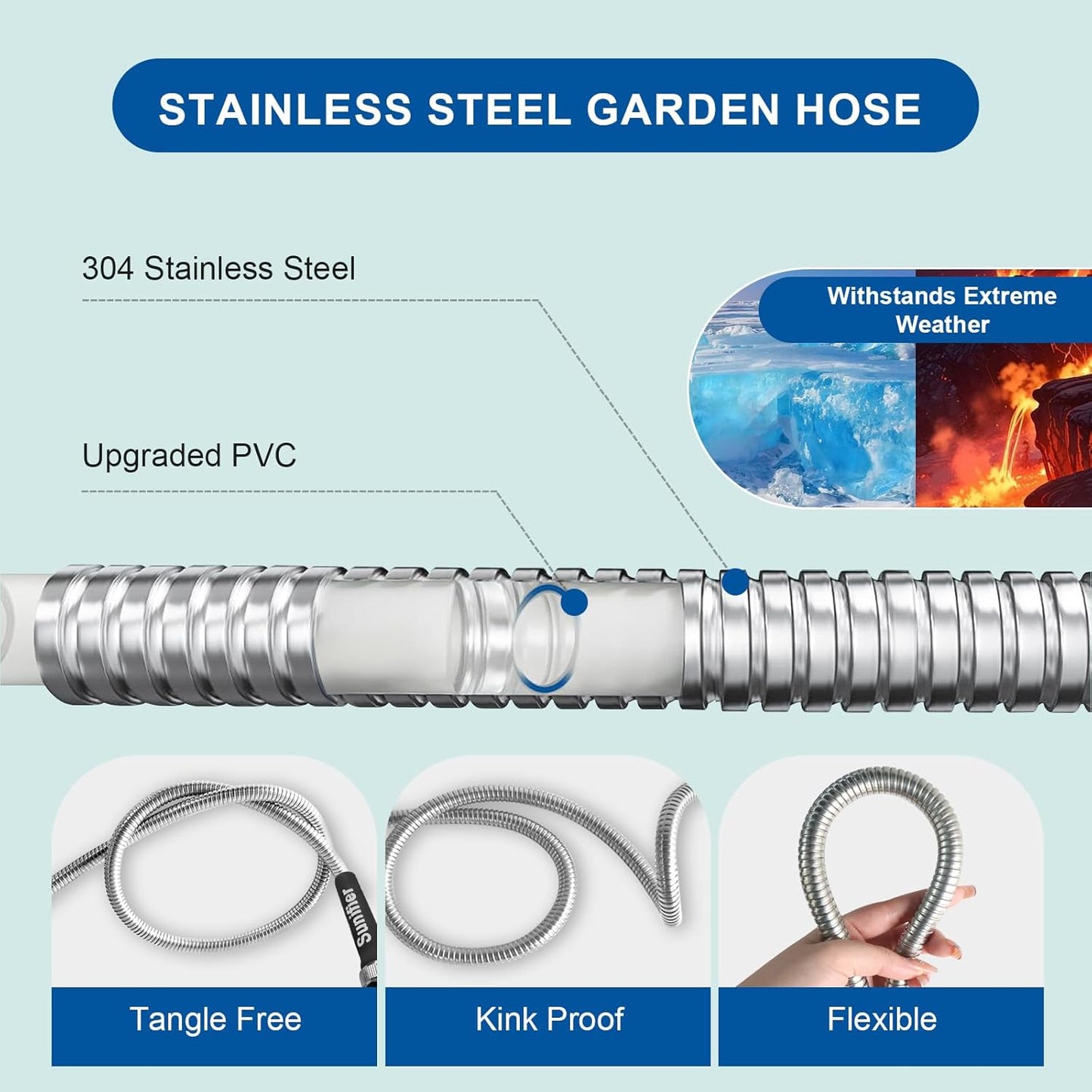 Metal Garden Hose 15 Ft 30 Ft With Hose Nozzle, Flexible Stainless Steel Water Hose 25 Ft 50 Ft Heavy Duty No Kink Hose 75 Ft 100 Ft (15FT)