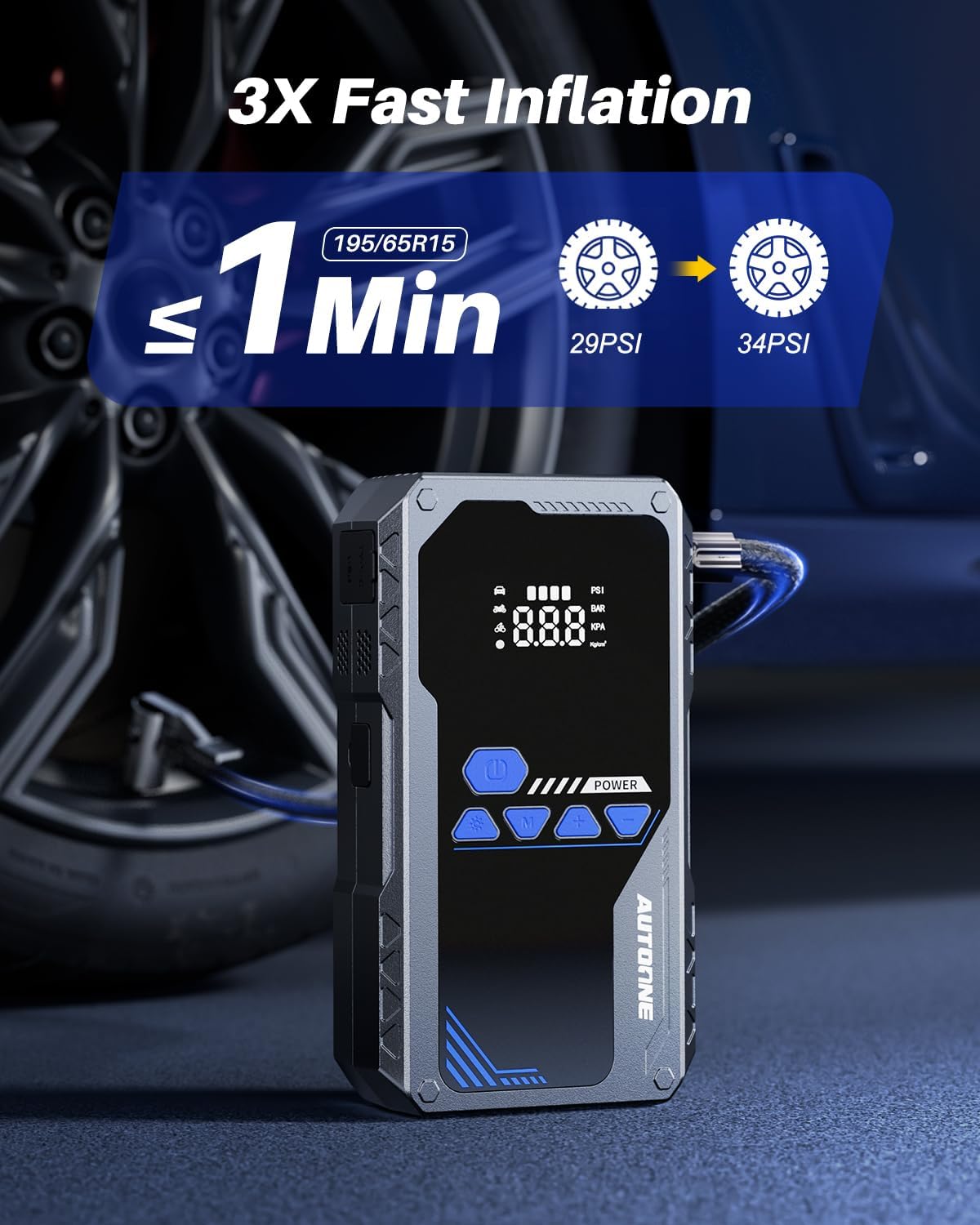 AUTOONE 5000A Jump Starter with Air Compressor (All Gas/10L Diesel), 150PSI Car Battery Jumper Starter Portable, Jump Box Tire Inflator with LED Flashlight, LCD Display, Storage Case