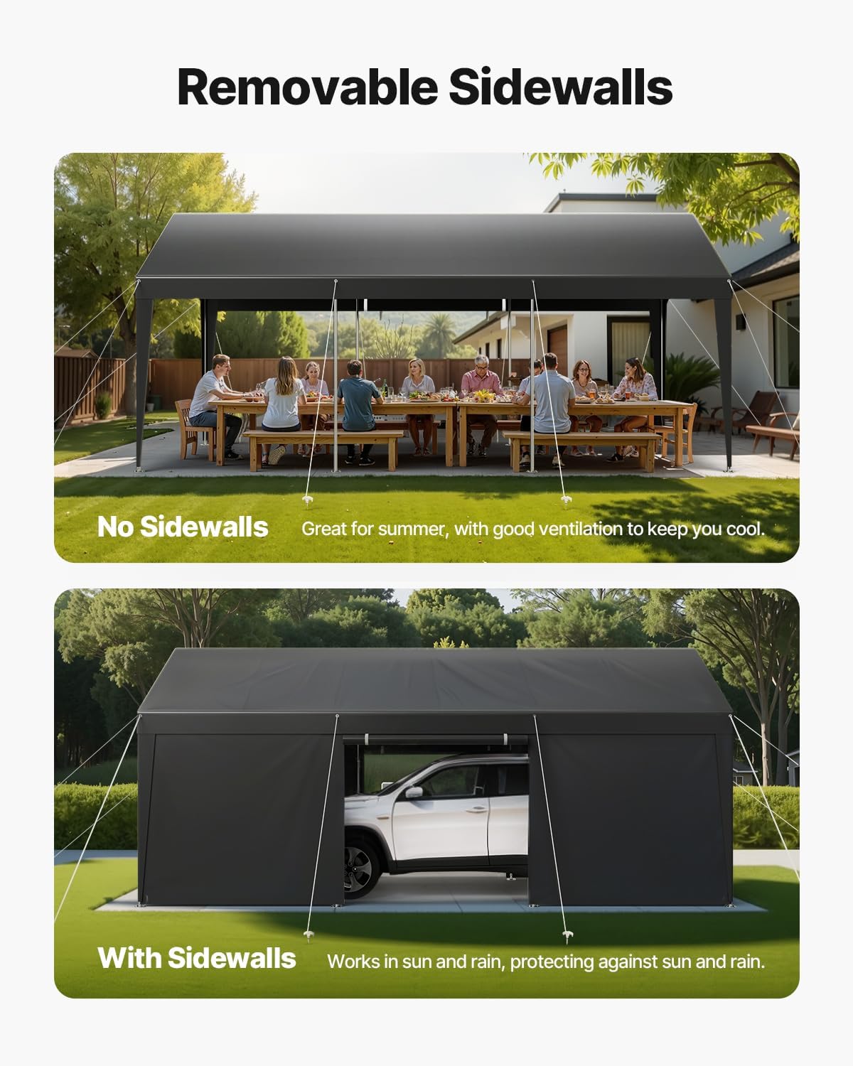 VEVOR Upgraded 10x20 FT Heavy Duty Carport Canopy with Roll-up Windows, All-Season Portable Garage with Removable Sidewalls & Doors, 12 Stakes & 12 Ropes, Car Tent for Car, Truck, Boat, Equipment