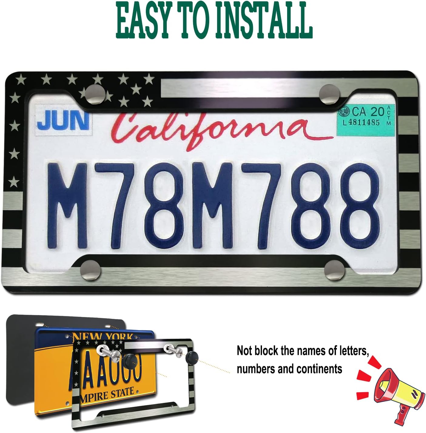 American Flag License Plate Frames - 2 Pack USA Patriotic Black Car Tag Holder, 4 Hole Brushed Aluminum Cover with Screw Caps for Vehicle Truck or SUV