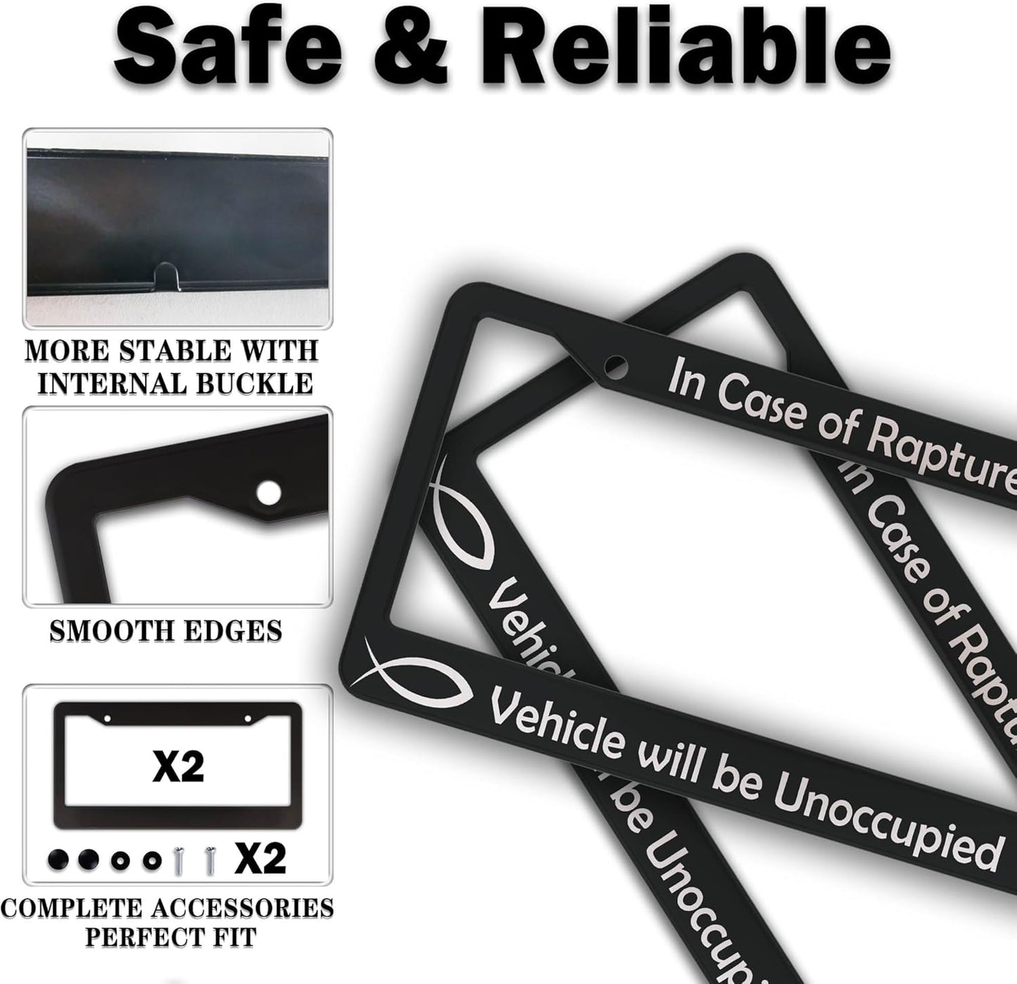 License Plate Frames Black and White License Plate Frame in Case of Rapture Vehicle Will Be Unoccupied Aluminum Metal Car Accessory 2 Pack with Screw Covers Set