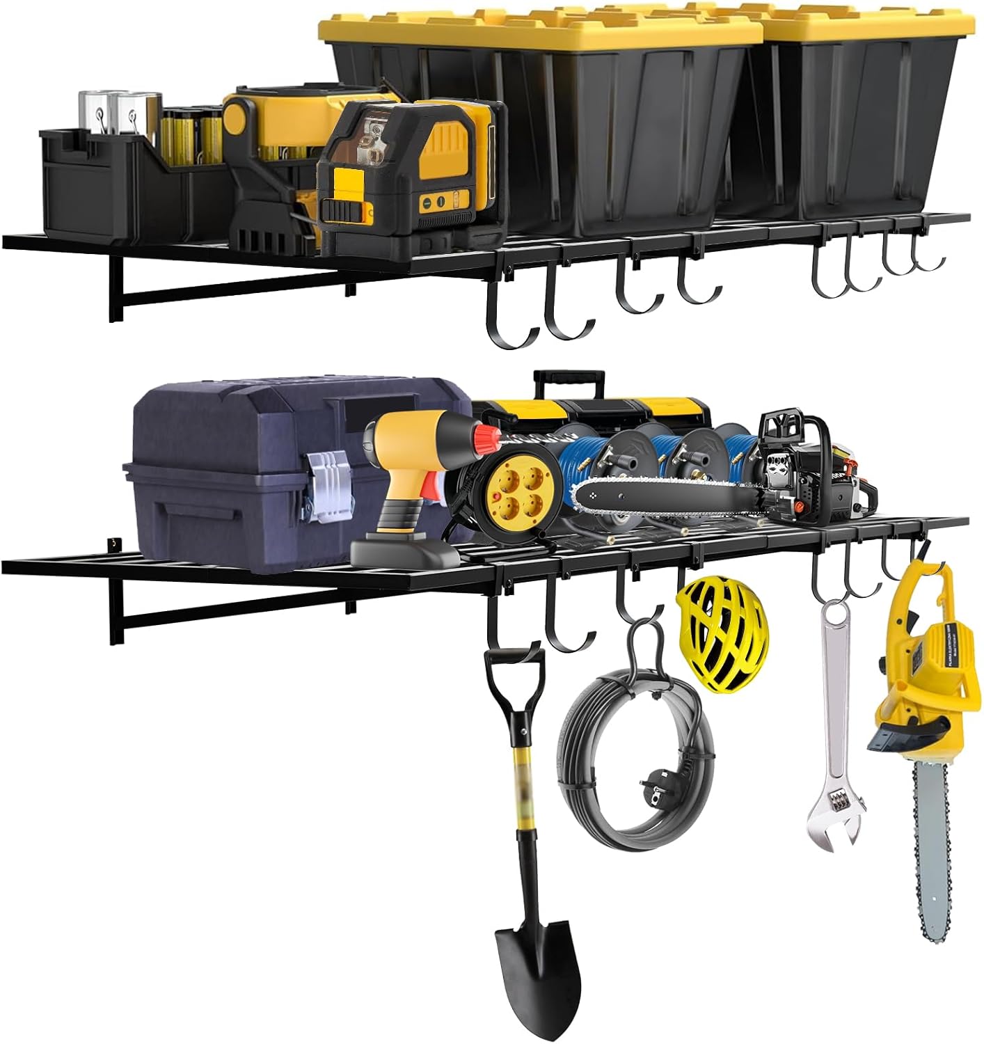 2 Pack Heavy Duty Garage Wall Shelves, 2x4ft Wall Mount Storage Shelf with Hooks, Shelf Warehouse Organization System, Rack Shelving, Holds 200 Lbs Each for Shop, Garage Storage