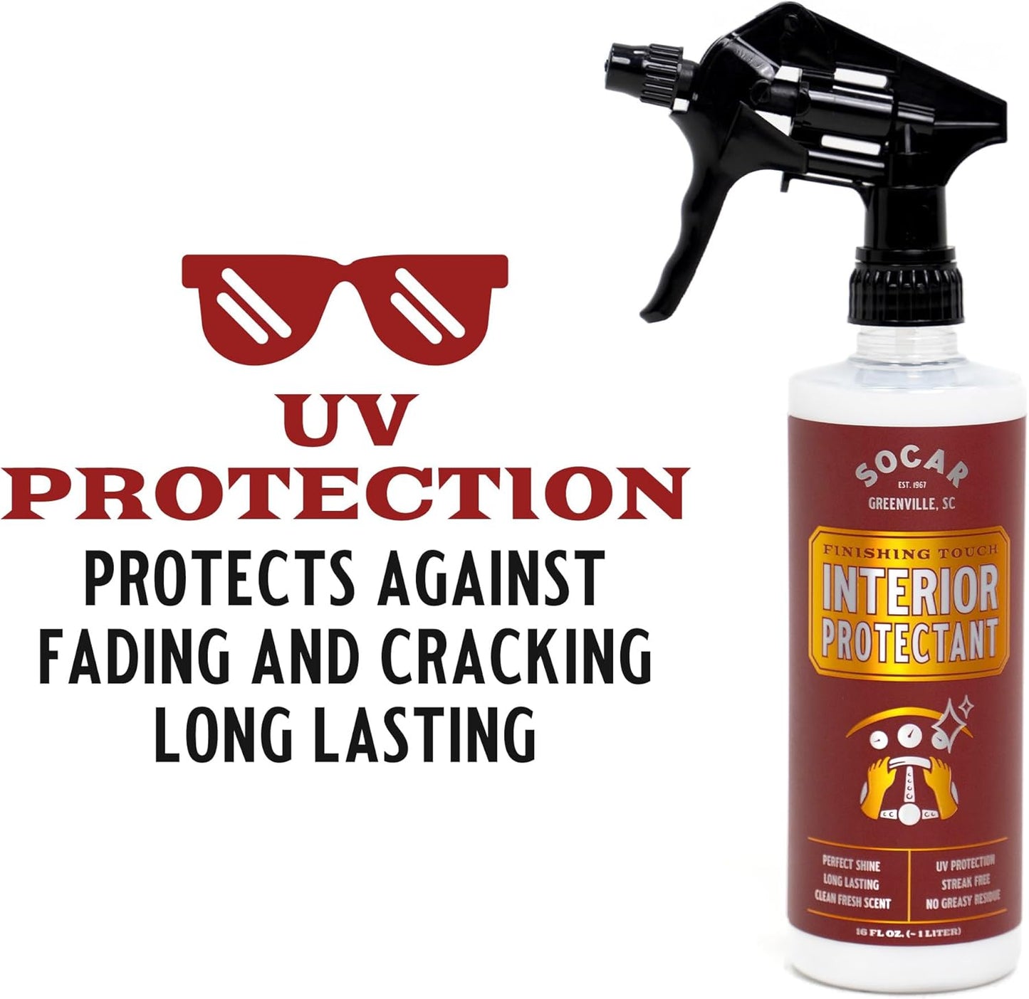 SOCAR Finishing Touch Interior Protectant - 16 fl oz, Professional Grade Dressing for Plastic, Vinyl, Leather. Restores New Car Look, Non-Greasy Residue, Blocks Dust, Harmful UV Rays, Pleasant Smell