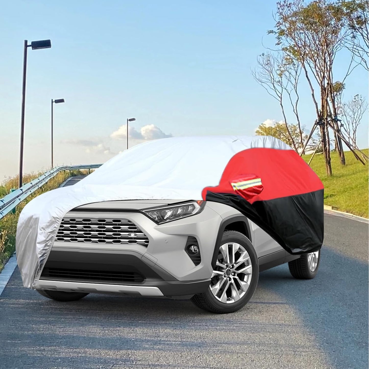 Car Cover for SUV Waterproof All Weather Snowproof UV Windproof Outdoor Full Car Jacket with Elastic Edges Adjustable Straps, Outdoor Heavy Duty Full Exterior Covers for SUV