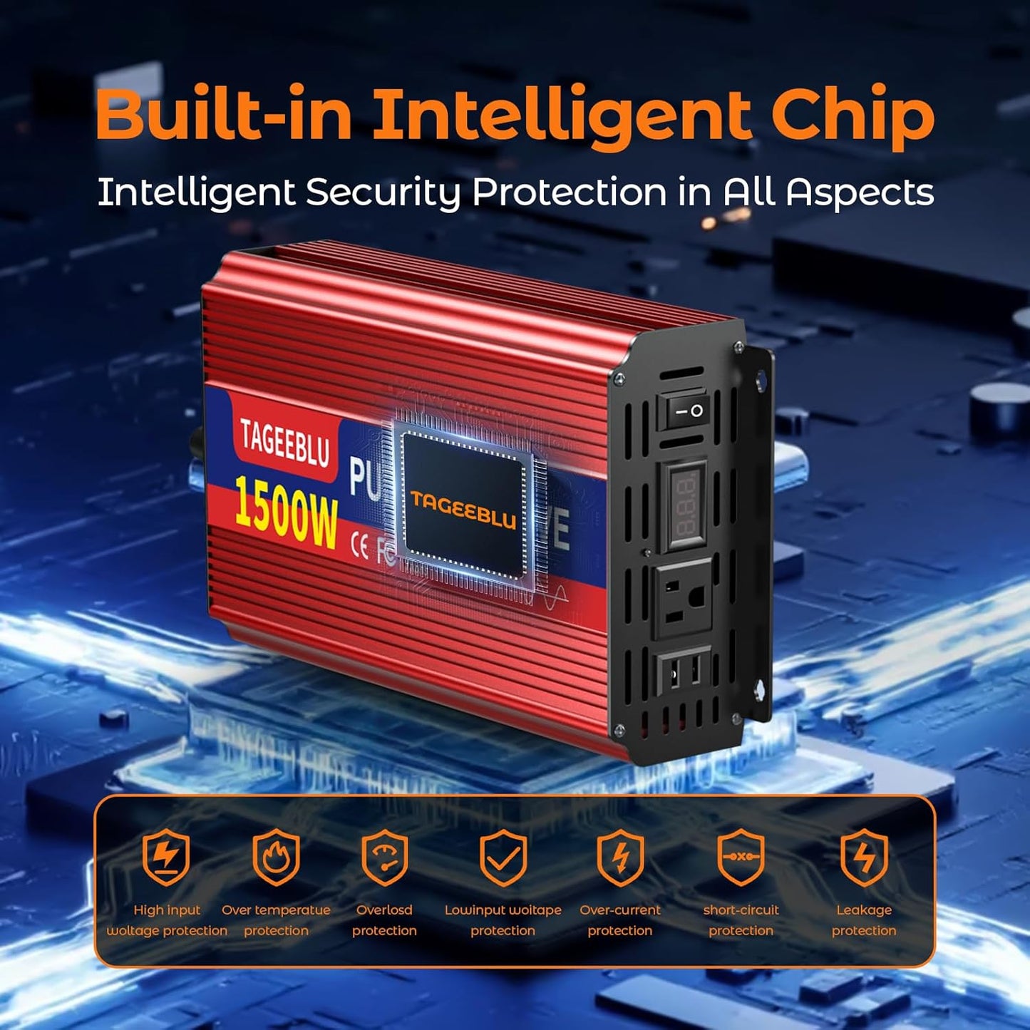 1500W Pure Sine Wave Inverter, 12V DC to 110V/120V AC Power Inverter for RV、Off Grid、Truck、with 2 AC outlets and LCD Display