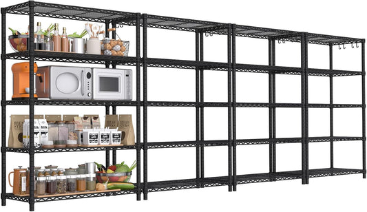 PrimeZone Wire Metal Storage Shelves - 5 Tier Adjustable NSF Certified Heavy Duty Garage Shelving Unit Organizer Rack, Steel Utility Shelf for Kitchen, Pantry, 35.5" W x 14" D x 72" H, Black, 4 Packs