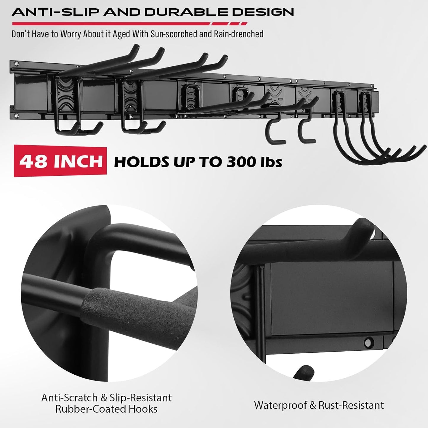 48" Heavy Duty Garage Wall Organizer, Wall Mount Tool Storage Rack with Adjustable Hooks, Garden Tool Organizer Hold Up to 300lbs, Easy Installation (3 Panels, 8 Hooks, 3 Straps)