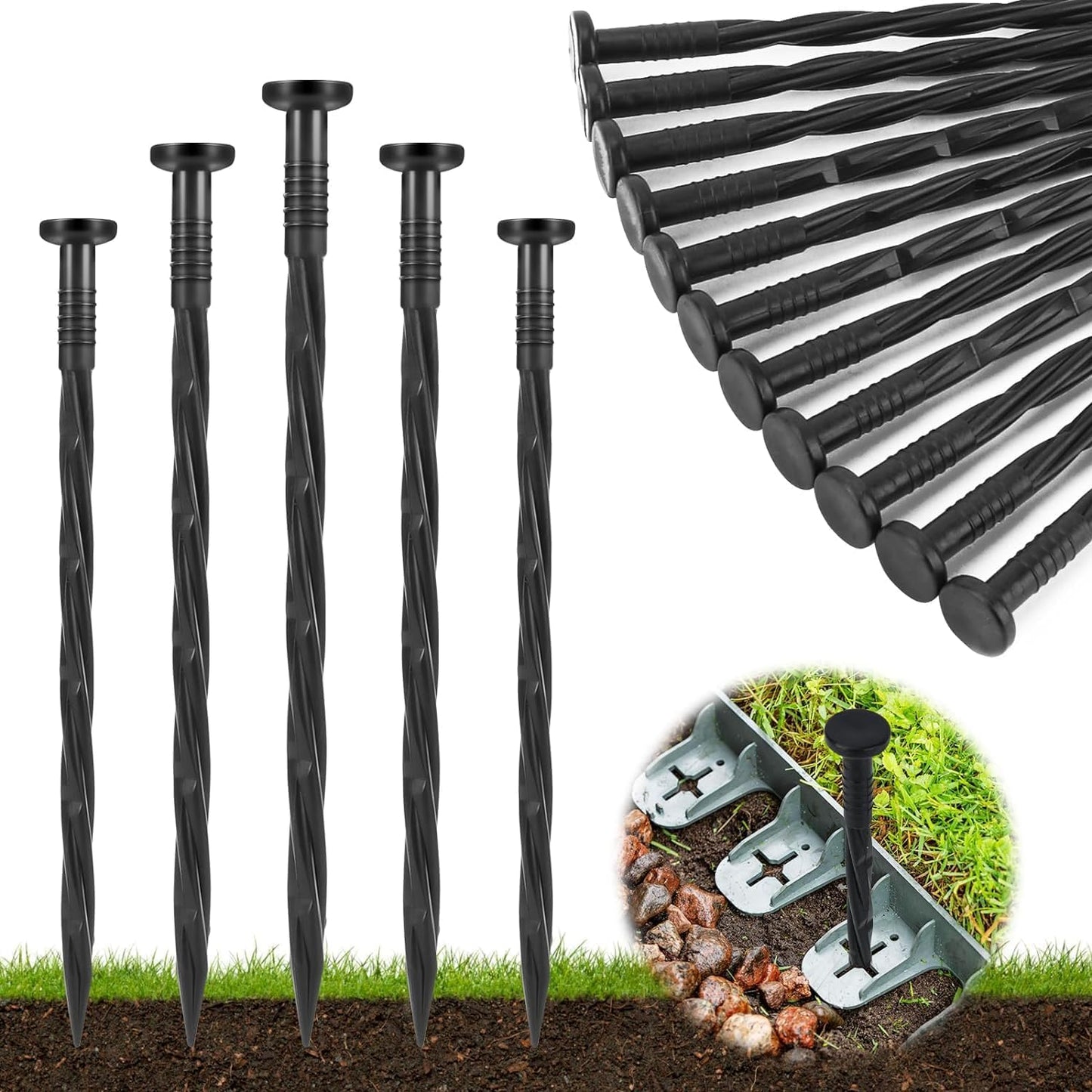 Landscape Edging Stakes, 150 Pcs 8" Plastic Garden Spikes, Spiral Nylon Anchoring Spikes for Paver Edging, Weed Barriers, Artificial Turf, Tent, Grass Pathway and More, Black