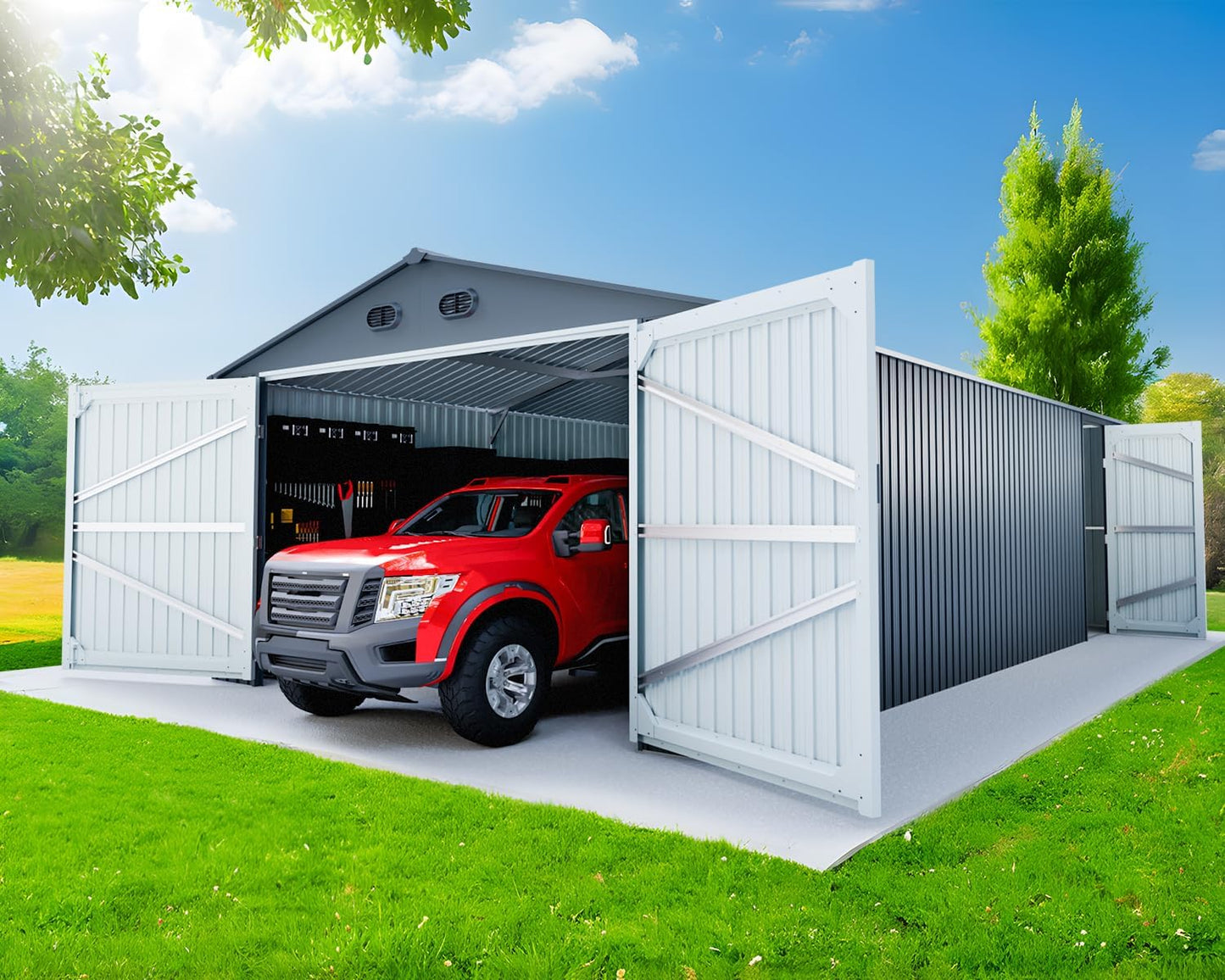10x20 FT Outdoor Storage Shed, Metal Garage Shed with 2 Lockable Doors, Large Metal Building with 4 Air Vents, Galvanized Steel Prefab Garage Sheds for Car, Truck, Tool, Dark Gray