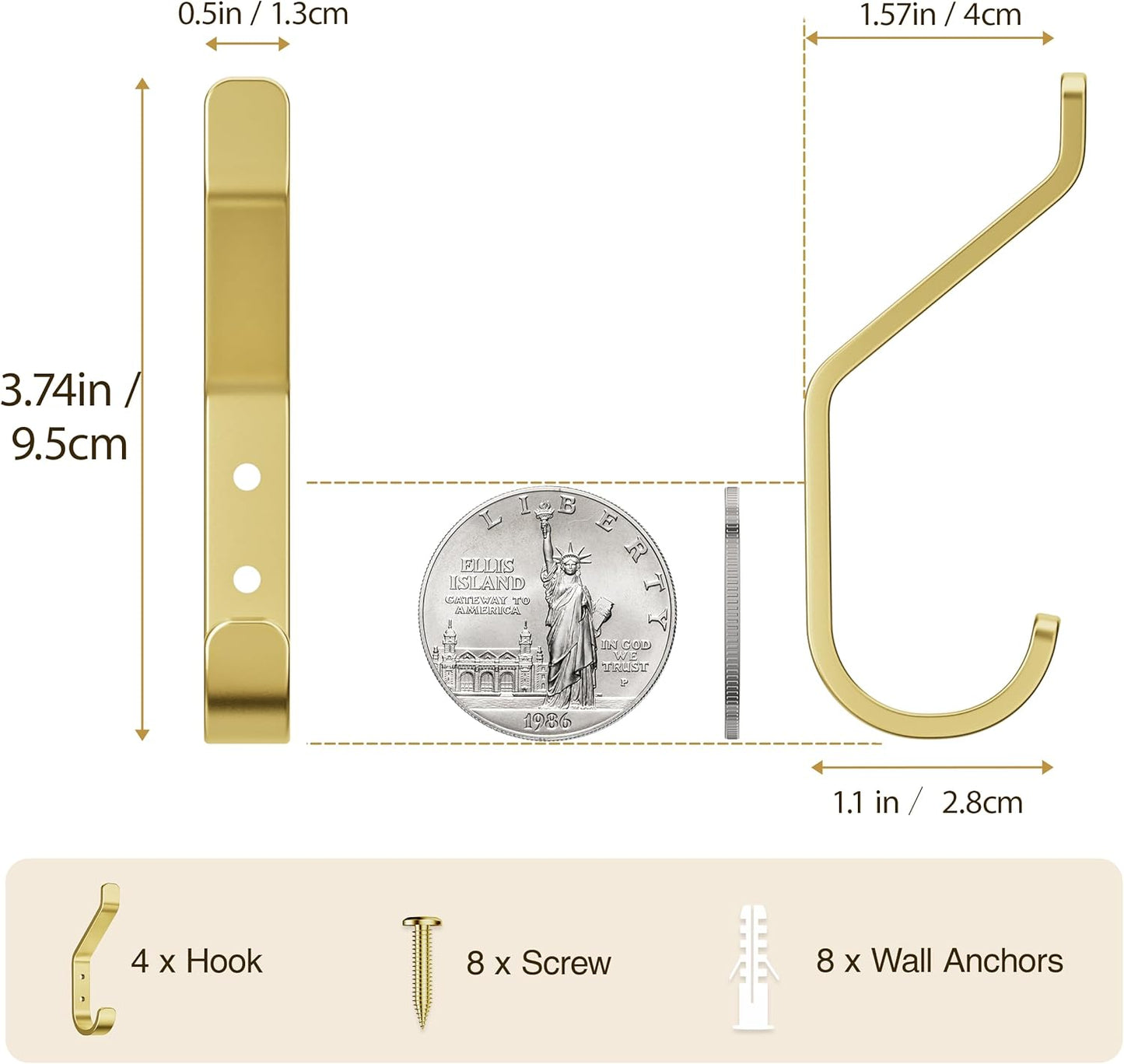 10-Pack Coat Hooks Wall Mounted: 20LB Heavy Duty Hanger for Hanging:Backpack, Towel, Bag, for Closet, Bathroom, Door, Mushroom, Stainless Gold, 3.75"