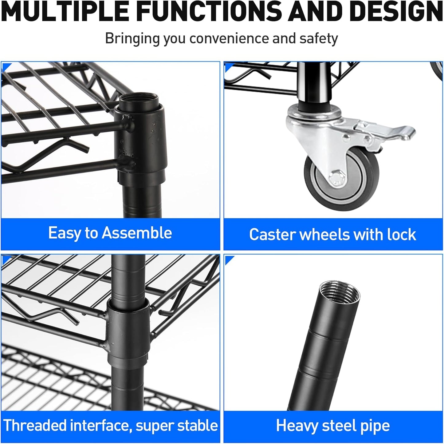 5 Tier Wire Shelf Shelving Unit, 60"x 24"x82" Metal Storage Shelves, Heavy Duty Garage Storage Shelves with Wheels, Chrome 3000LBS Capacity Wire Shelf Rack for Restaurant, Garage, Pantry, Kitchen
