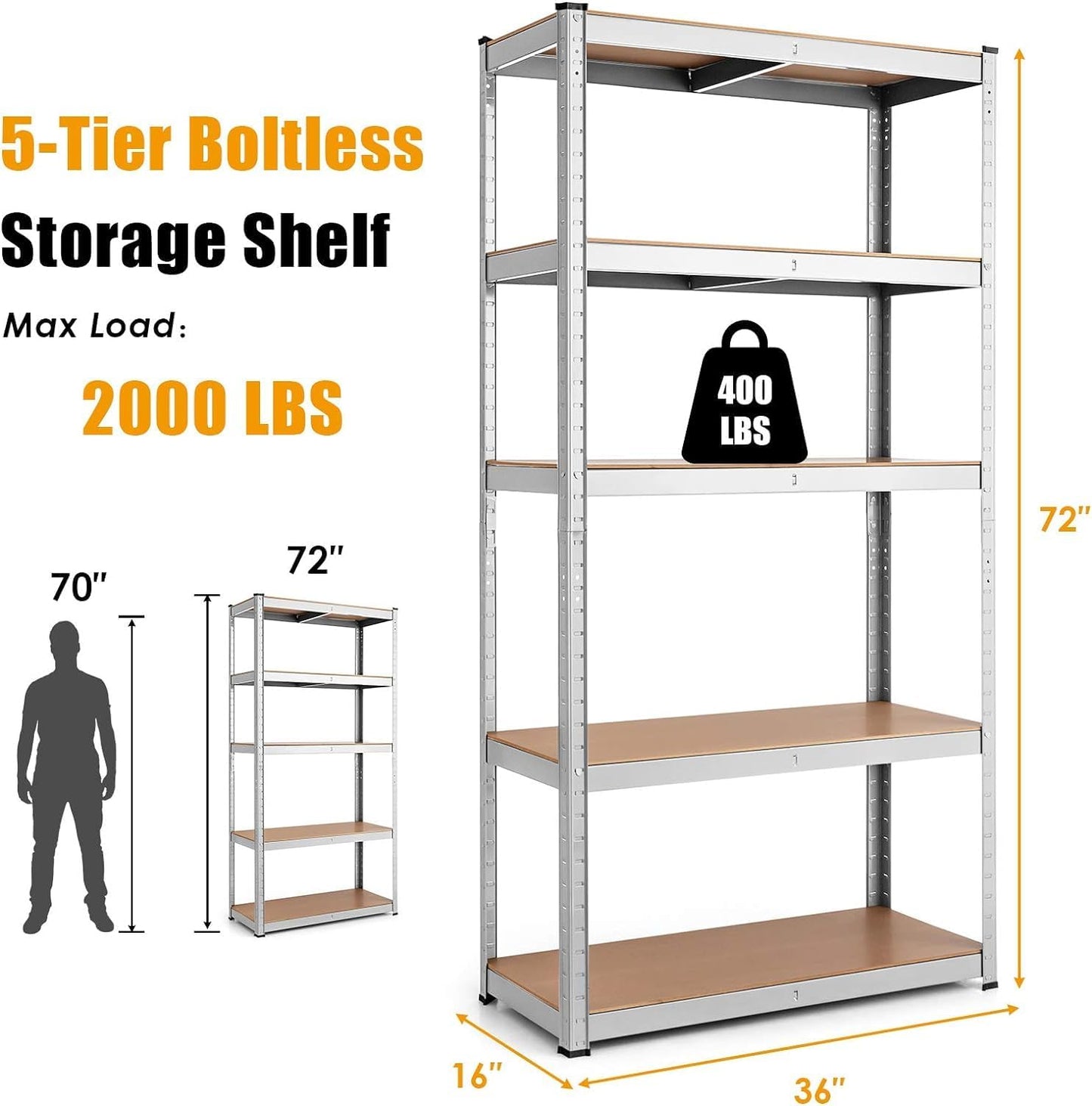 ERGOMASTER 5 Tiers Steel Shelves for Storage Heavy Duty Garage Organization Utility Shelf Rack for Books, Kitchenware, Tools Bolt-Free Assembly 72 x 16 x 72 inches (2PCS,Silver)