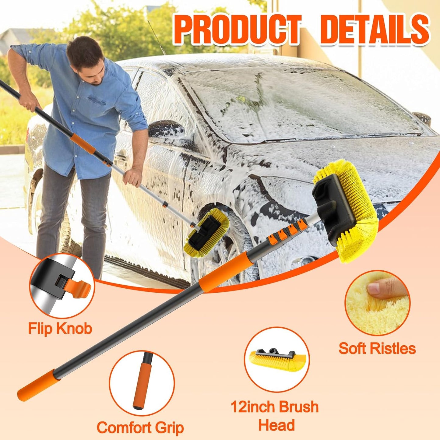 16FT Car Wash Brush with Long Handle, Car Cleaning Brush with 12 Inch Soft Bristle, Solar Panels Cleaner with Telescoping Pole for RV, Truck, Boat, House Siding