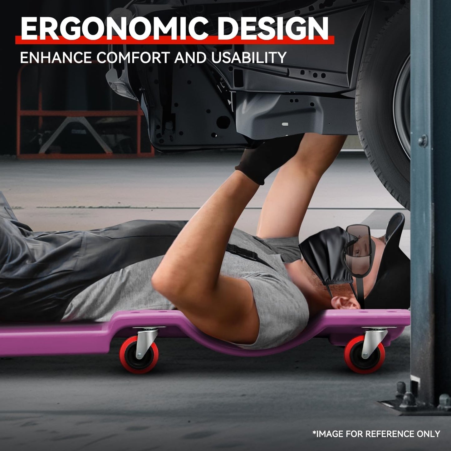 Auto Dynasty 36 Inches Mechanic Creeper, Automotive Garage Repair Low Profile Under Car Rolling Creeper with Padded Headrest, Plastic, Purple