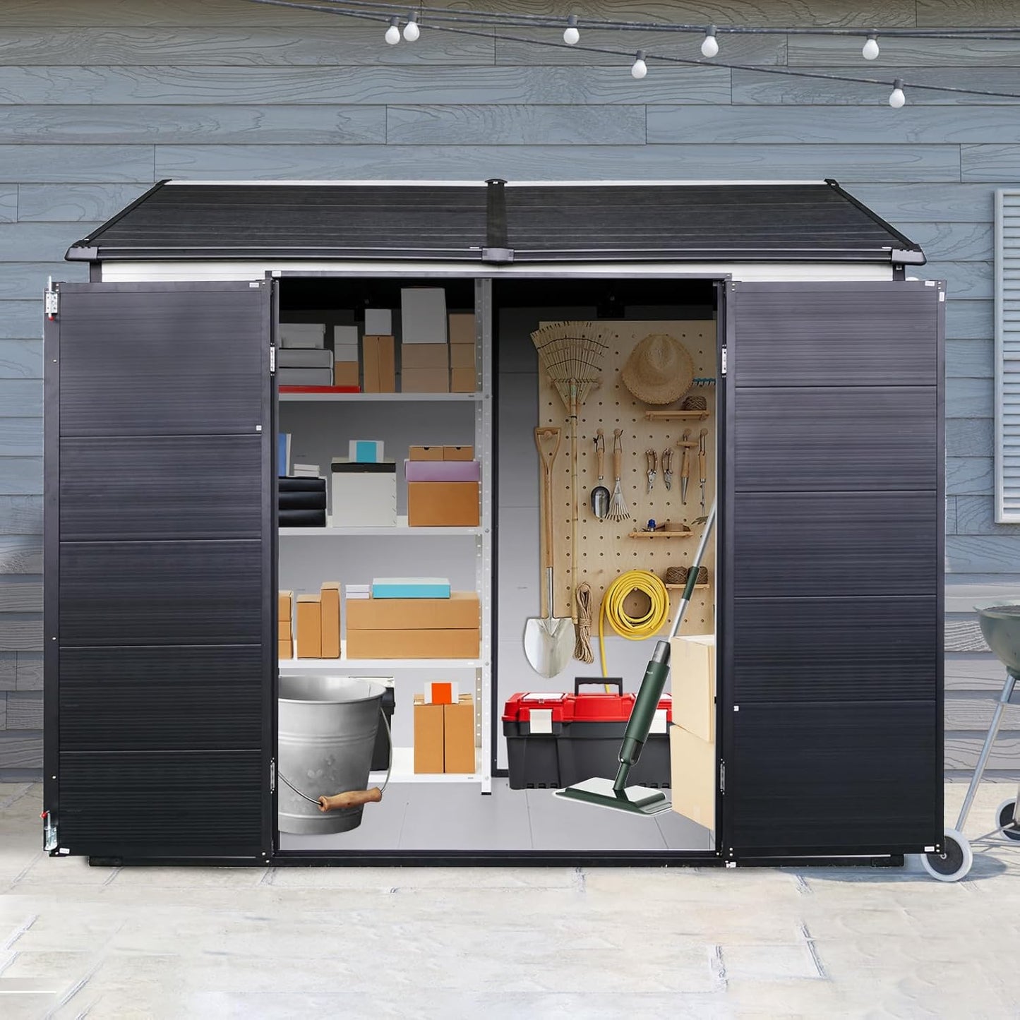 8x6 FT Outdoor Storage Shed, Resin Garden Shed with Thick Floor, Plastic Storage Shed with 2 Windows, Waterproof Outside Tool Shed with Lockable Hinged Doors for Backyard, Patio, Lawn, Black+White