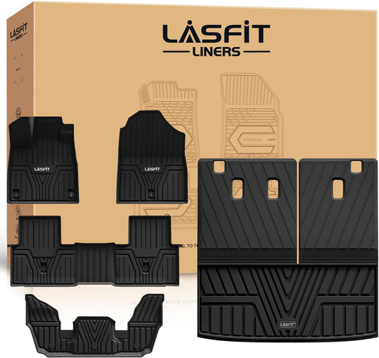 LASFIT Floor Mats & Trunk Mat with Backrest Mat for Honda Pilot 2023-2025, All Weather TPE Floor Liners 1st & 2nd & 3rd Row & Cargo Mat with Backrest Mat Full Set, Black