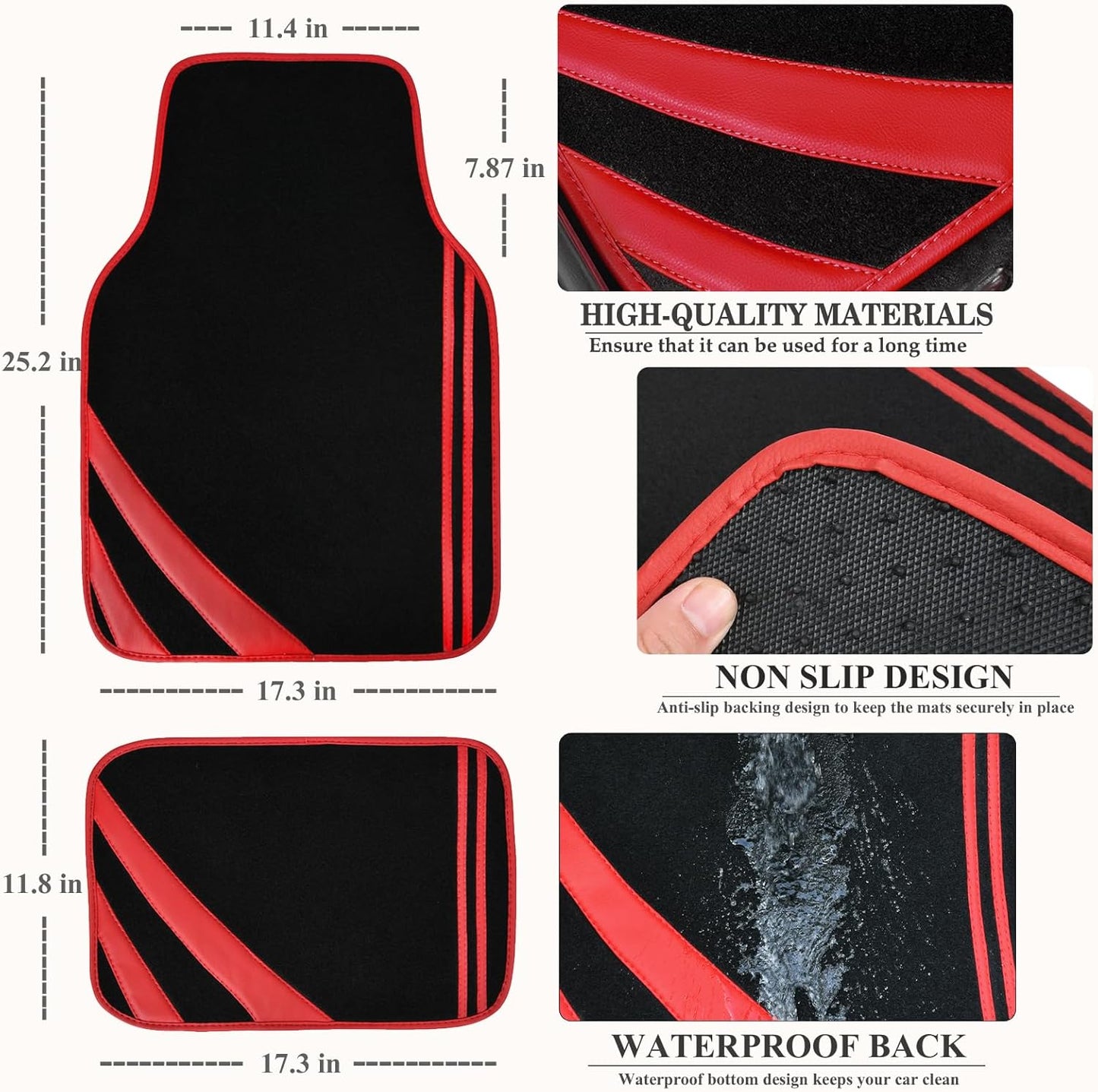 CAR PASS Red Edge Leather Car Floor Mats, Universal Waterproof Car Mats with Double Stitch Line and Anti-Slip Backing Design, for Cute Girly Women, Fit 95% Automotive,SUVs,Sedan,Vans (Black and Red)