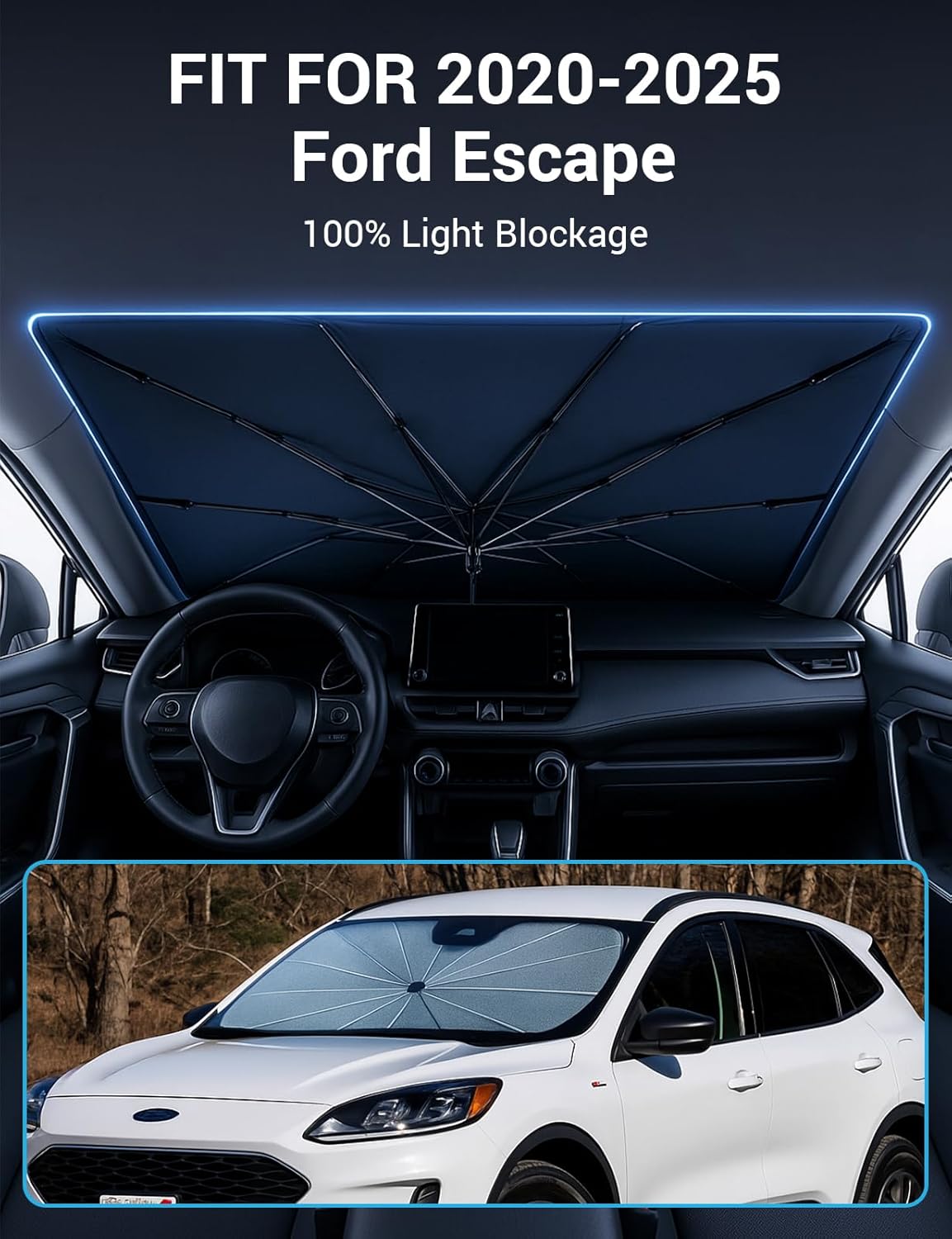 Proadsy Windshield Sun Shade Umbrella for Ford Escape 2020-2025 2026 Foldable Car Umbrella Sunshade with Soft TPU Handle Spring Structure Crystal Cooling Material Protect Car from Rays & Heat