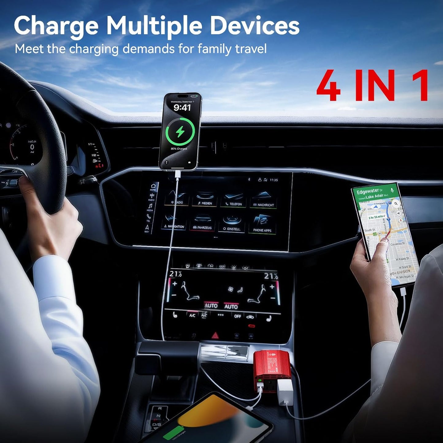 BESTEK 300W Car Power Inverter - DC 12V to 110V AC Car Plug Adapter with 30W USB-C & 18W USB-A Dual AC Outlet, Fast Car Charger Adapter for Laptop, Vehicles, Road Trip Essentials