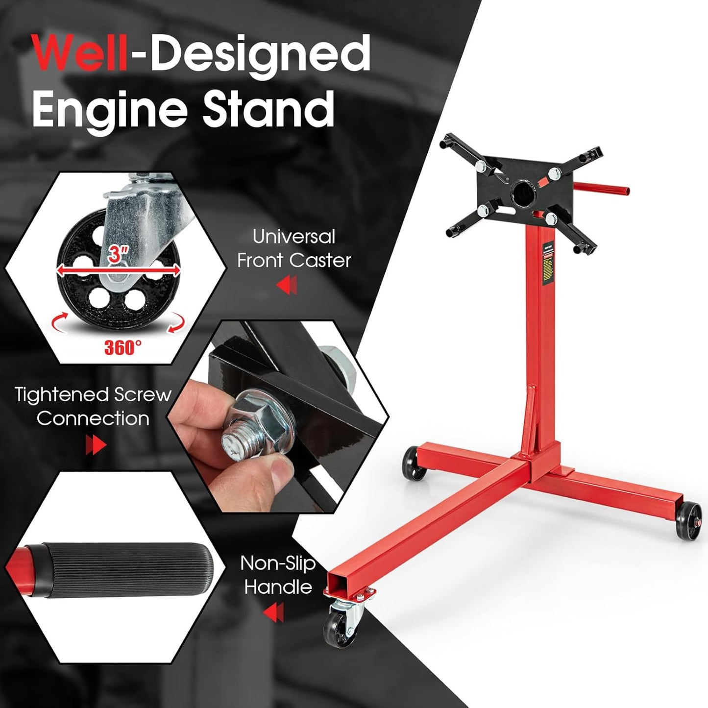 Goplus Engine Stand, 750 LBS (3/8 Ton) Motor Stand with Wheels, 360 Degree Rotating Head & Adjustable Arms, Heavy-Duty Metal Engine Holder for Garage, Auto Repair, Red