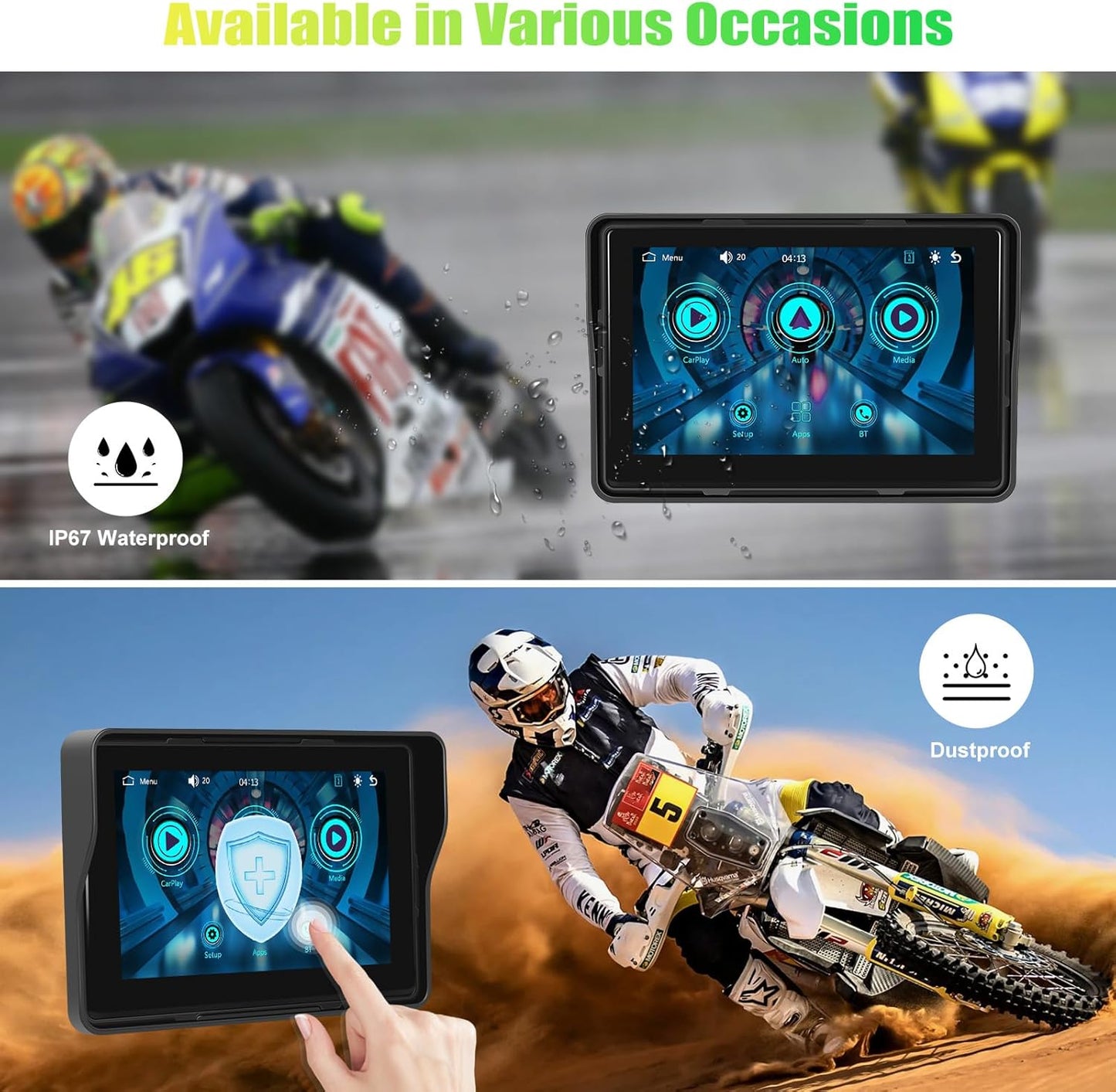 CAMECHO Motorcycle CarPlay Screen, 5" Waterproof Portable Wireless Apple Carplay Android Auto for Motorbike, Touch Screen Car Stereo Support Dual Bluetooth, Mirror Link, EQ, Siri Voice Control