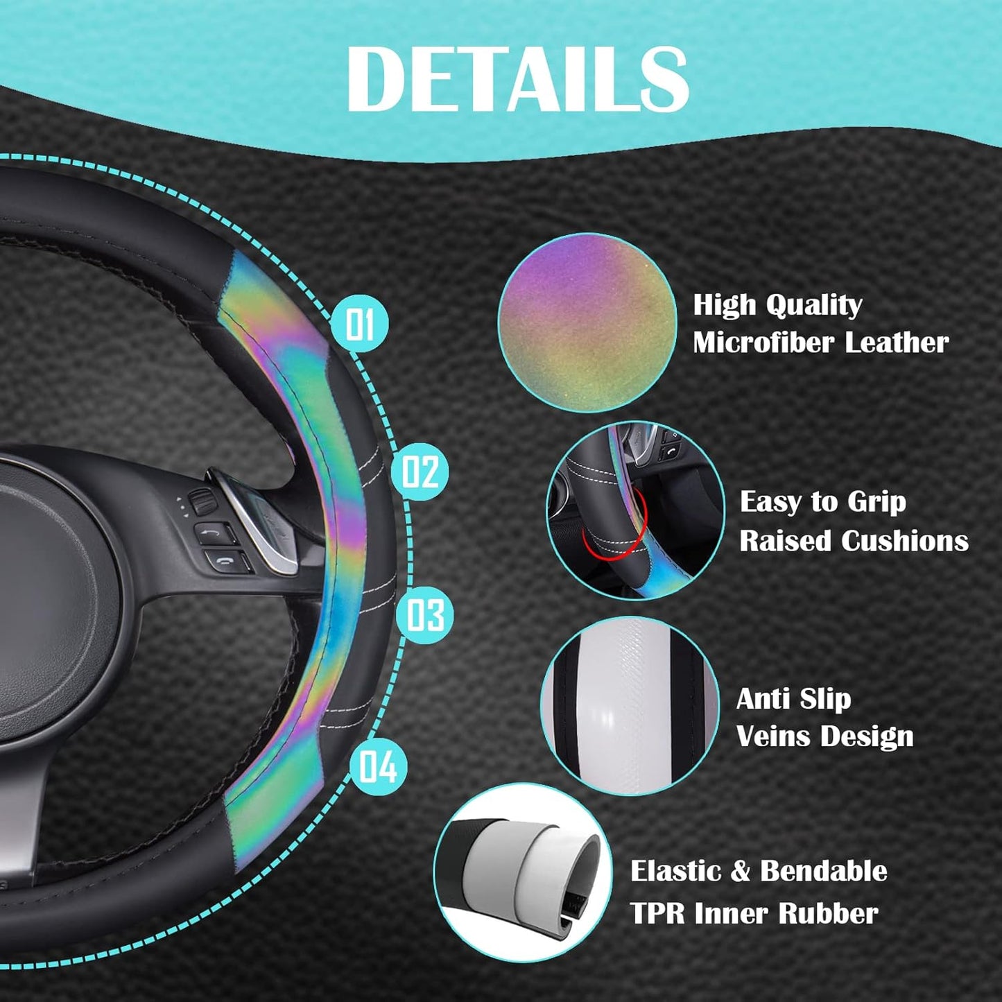 CAR PASS Line Rider Microfiber 15.5-16 Inch Leather Sporty Steering Wheel Cover Universal Fits for 95% Truck,SUV,Pickup, Anti-Slip Safety Comfortable Desgin (Black Reflective)