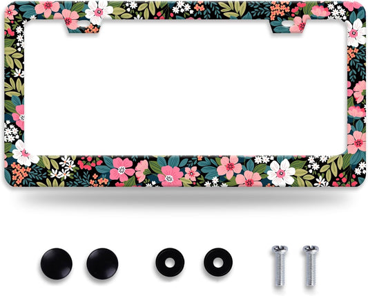 Folk Art Flowers License Plate Frame Beautiful Floral License Plate Holder Funny Personalise Car Stainless Stee Decorative Parts for Standard Us Canada Vehicles 12x6 Inch for Women Men
