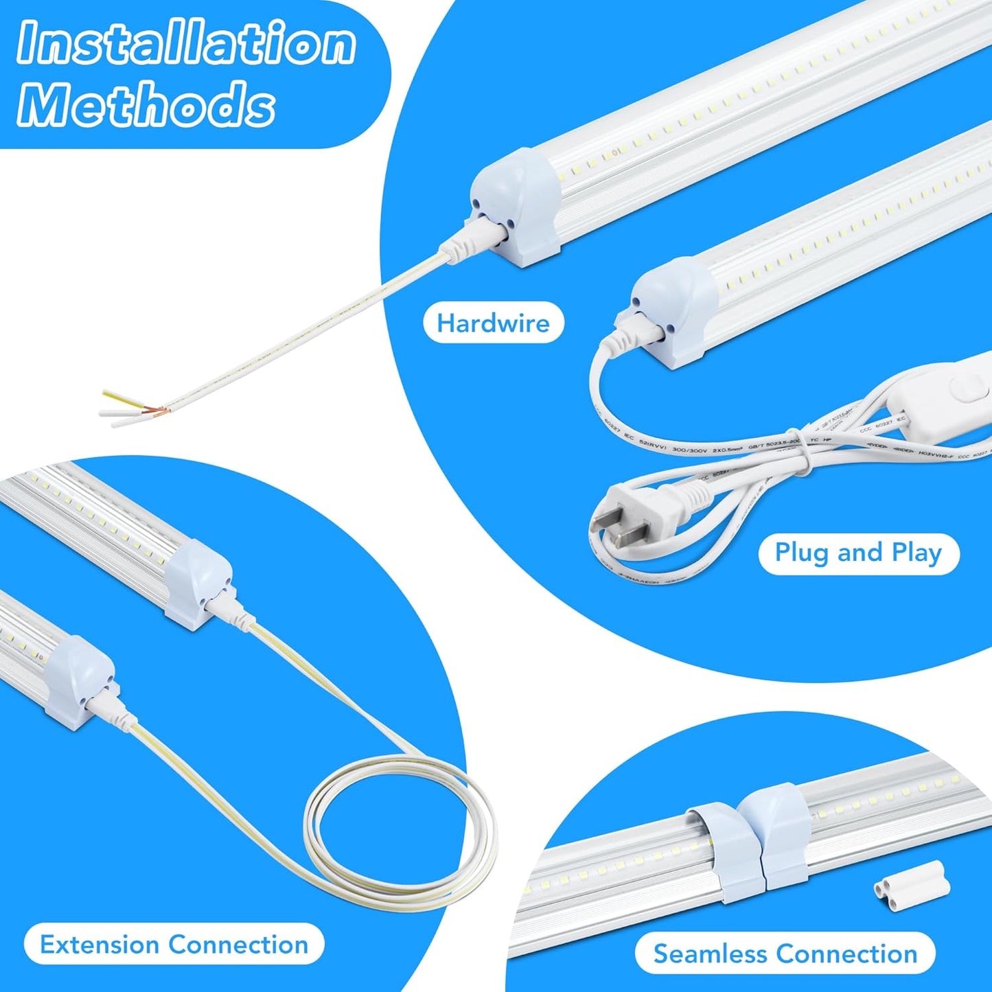 10 Pack 8FT T8 LED Shop Lights, 100W Integrated Tube Light, 19200LM 6000-6500K Daylight, Linkable Lighting, Plug & Play Energy-Saving Commercial Bay Lighting Garage Warehouse Basement (V2)