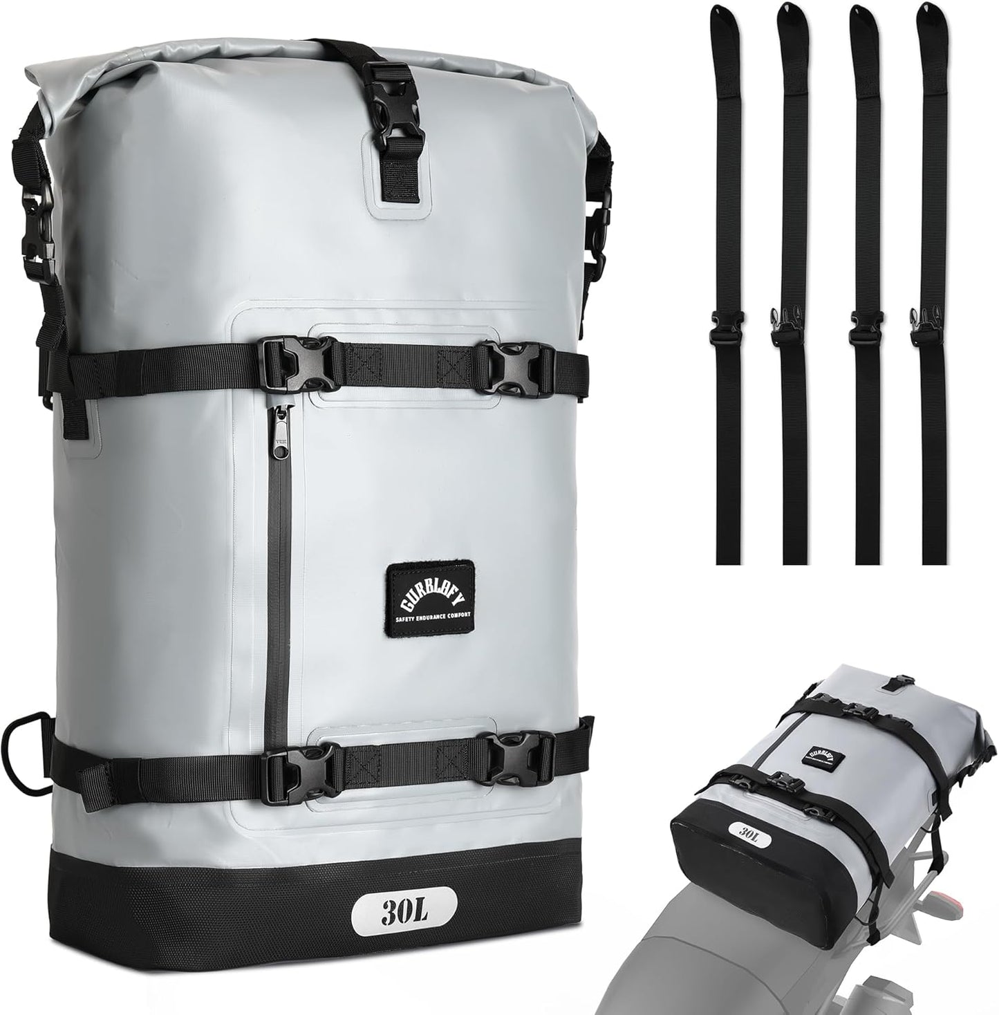 Motorcycle Tail Bag, 30L Waterproof Motorcycle Saddle Bag, 2 Size and 3 Color Options Luggage Bag, PVC Travel Bag, Rear Seat Bag, Stone Grey GT-30GRY