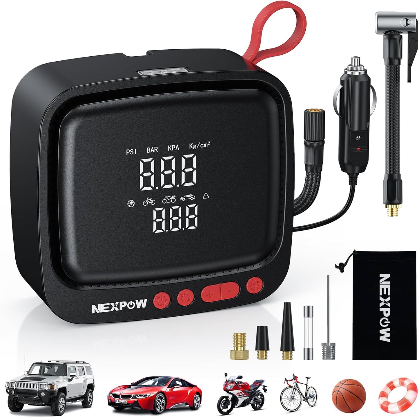 NEXPOW Tire Inflator Portable Air Compressor 150PSI 12V DC Air Pump with Dual Digital Pressure Gauge & Auto Shut-Off, Air Compressor Portable with LED Light for Car, Motorcycle, Bicycle, Ball and More