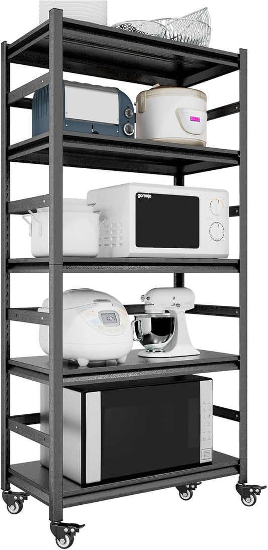 TOPKEY Metal Storage Shelf Garage Storage Shelves, Heavy Duty 5-Tier Utility Shelves for Kitchen, Warehouse, Pantry Shelves with Wheels, 72" H Adjustable Basement Storage Rack, Load 1750LBS