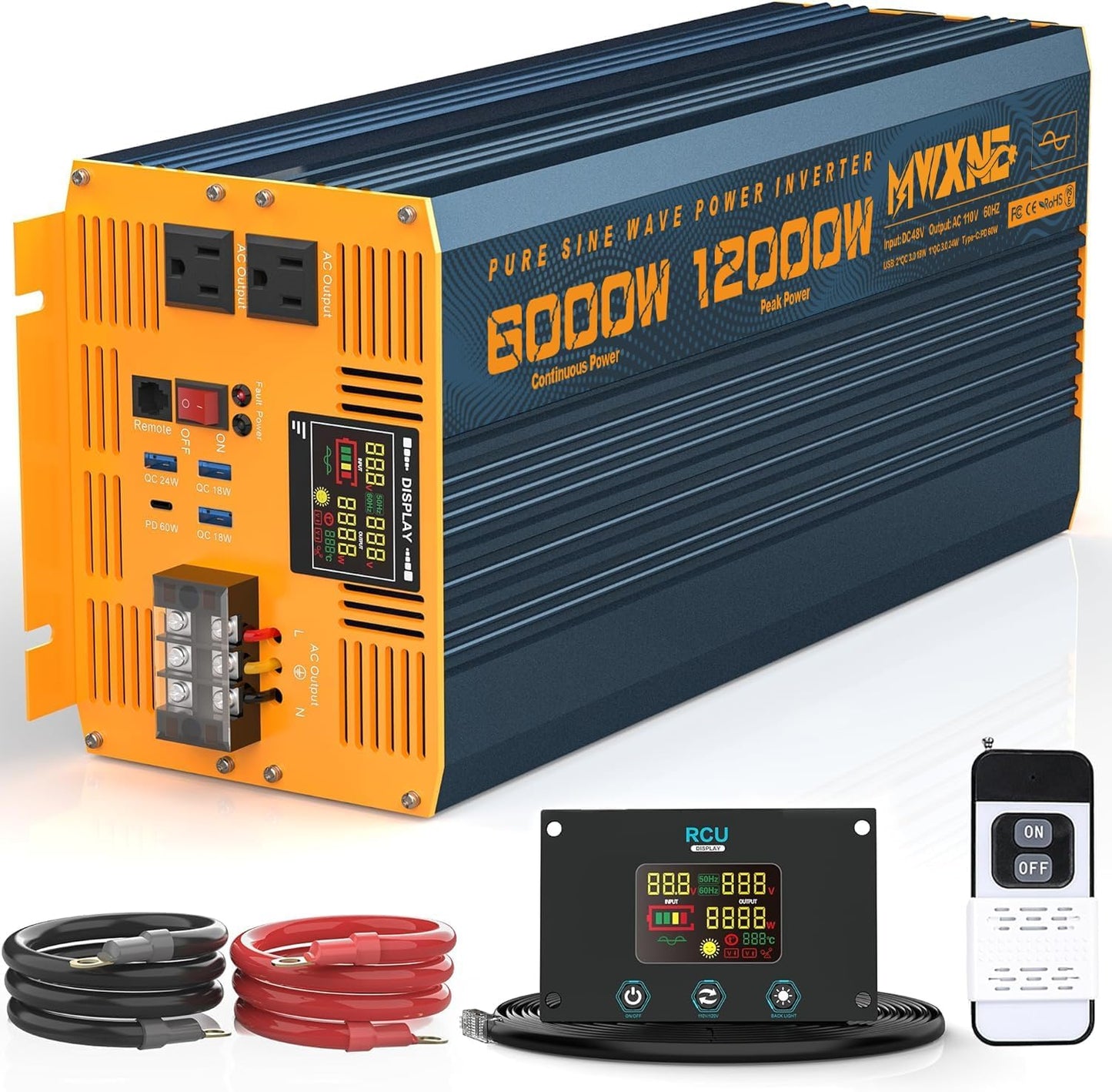 6000 Watt Power Inverter Pure Sine Wave 48V DC to 110V 120V Heavy Duty Inverter with Remote Control and LED Display, 4 USB/Type-C Ports & 2 AC Outlets Car Charger for Vehicles RV