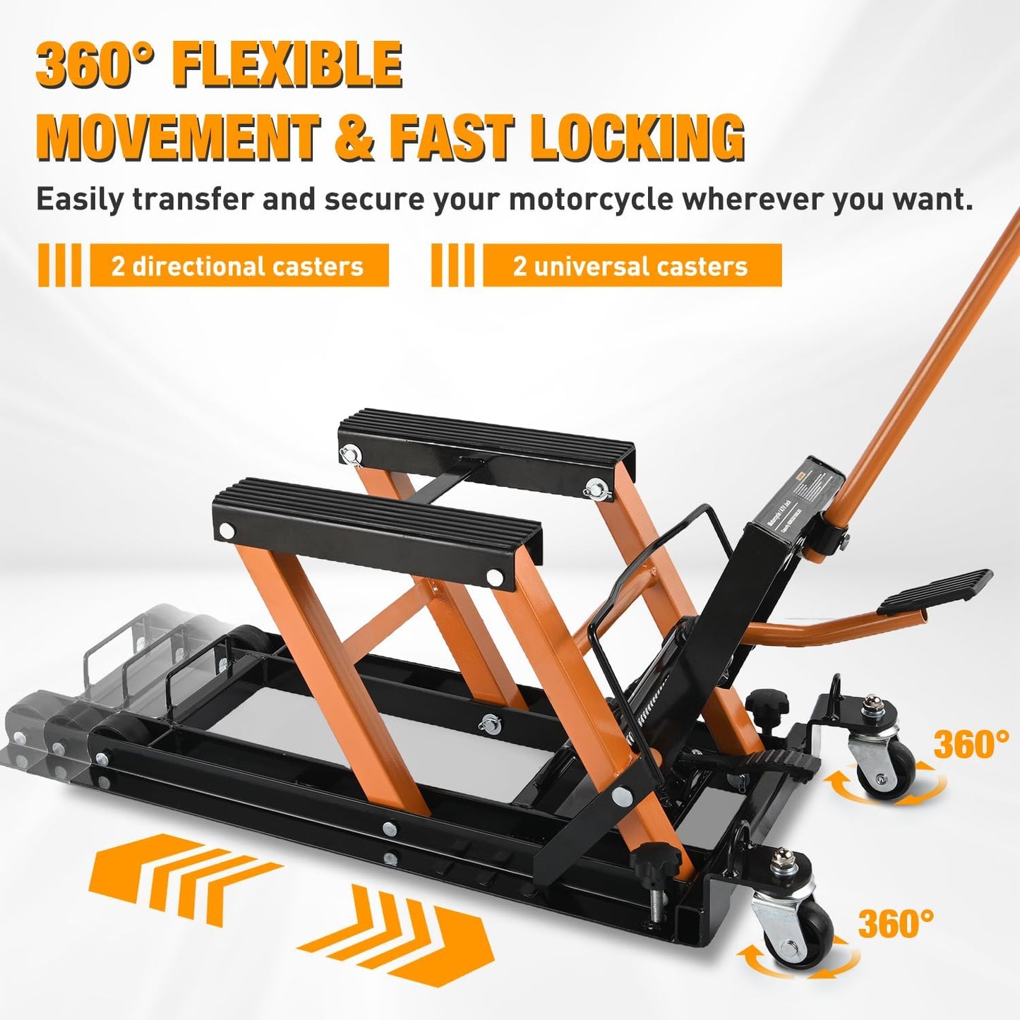 Nilight Motorcycle Lift Jack 1500 LBS Hydraulic Lifts ATV Scissor Jacks with Wheel Foot Pedal Handle Ratchet Belt Heavy Duty Lifter Stand Hoist Table for Dirt Bike Garage Storage Repair Tool,Orange