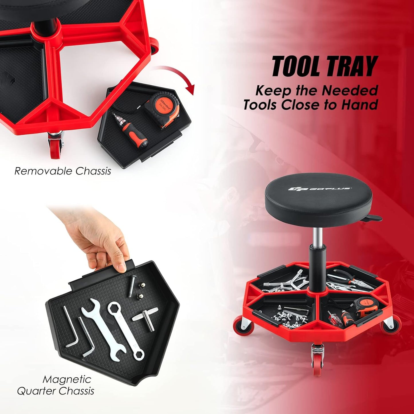 Goplus Garage Stool, 16”-22” Adjustable Rolling Mechanic Stool with Universal Wheels, Removable Magnetic Tool Tray, 2” Thick Padded Cushion, 330LBS Capacity, Roller Creeper Seat, Shop Chair