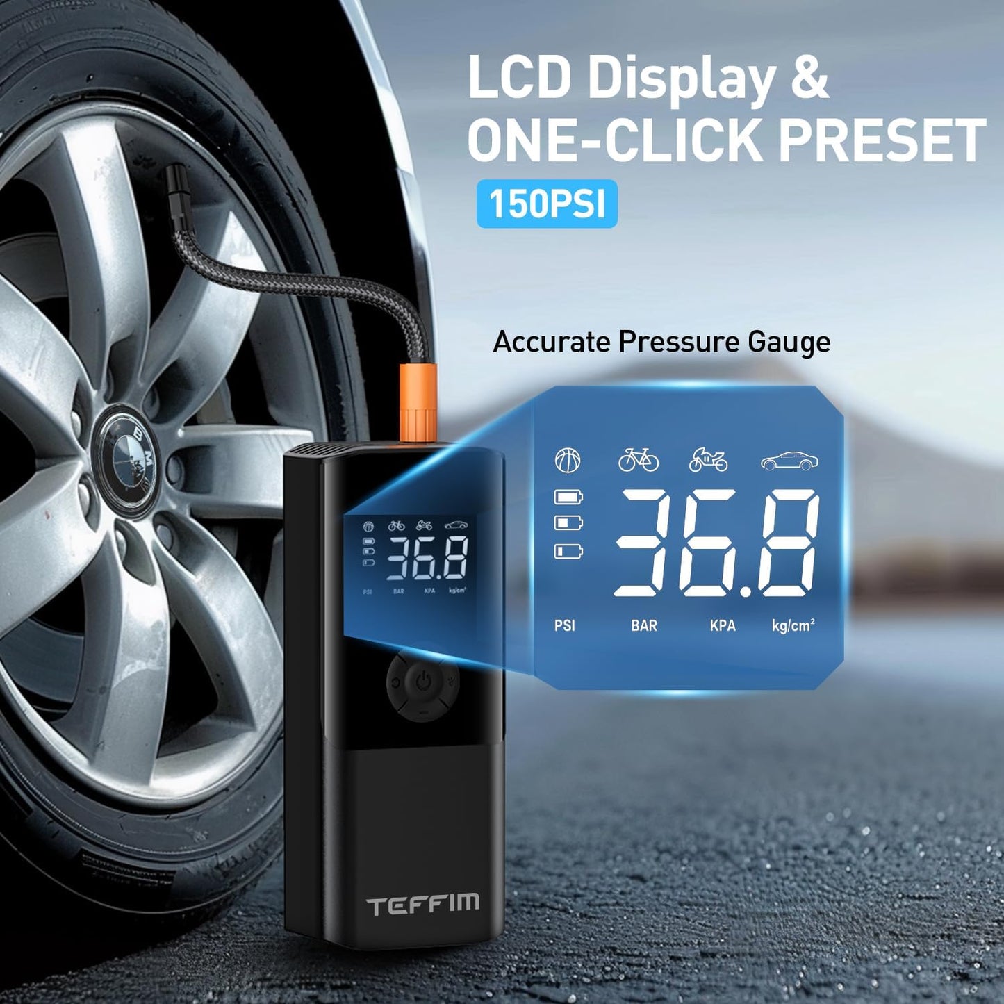 Tire Inflator Portable Air Compressor - 150PSI & 20000mAh Battery, 12V Smart Air Pump for Car Tires, 6X Tire Pump with Pressure Gauge, Auto Shut-off, Motorcycle, SUV, Bike Pump, Bicycle, Balls