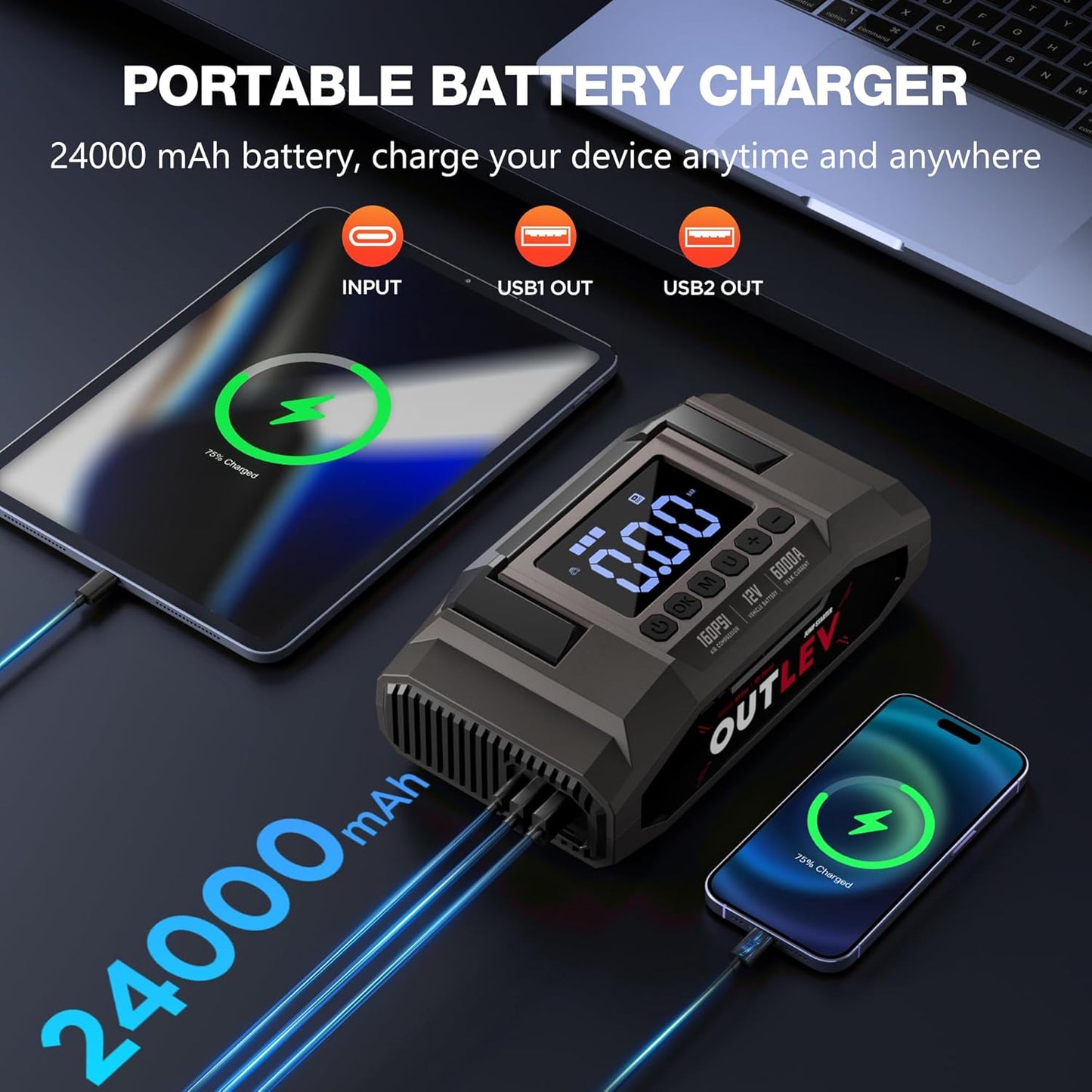 Jump Starter with Air Compressor (6000A 160PSI) - All-in-One Portable Jump Starter for Cars, Trucks, RV, Boat - Fast Charging, Safety Protection, Essential for Road Trips & Emergencies