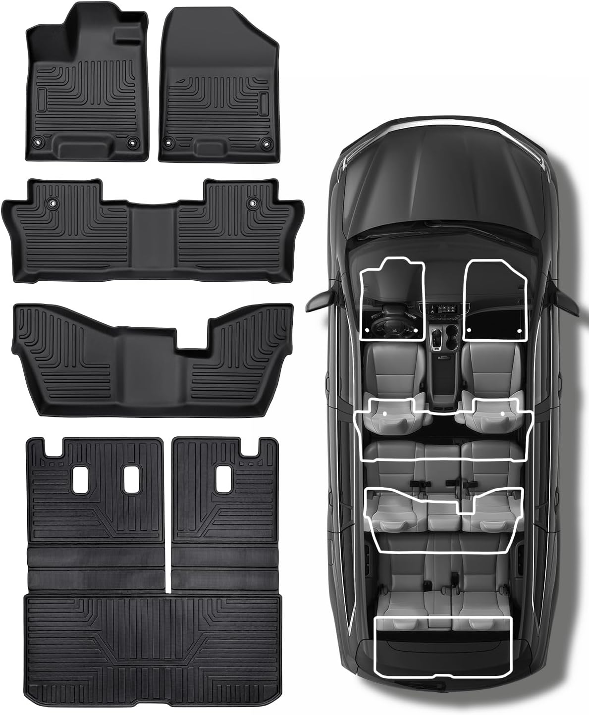 Car Floor Mats for Honda Pilot 2016-2022 8 Seats (No Elite Models), Accessories for Honda Pilot 2016-2022, All Weather Black Rubber Liners for Cars, Custom Fit Trunk Mat Back Seat Cover, 4PCS