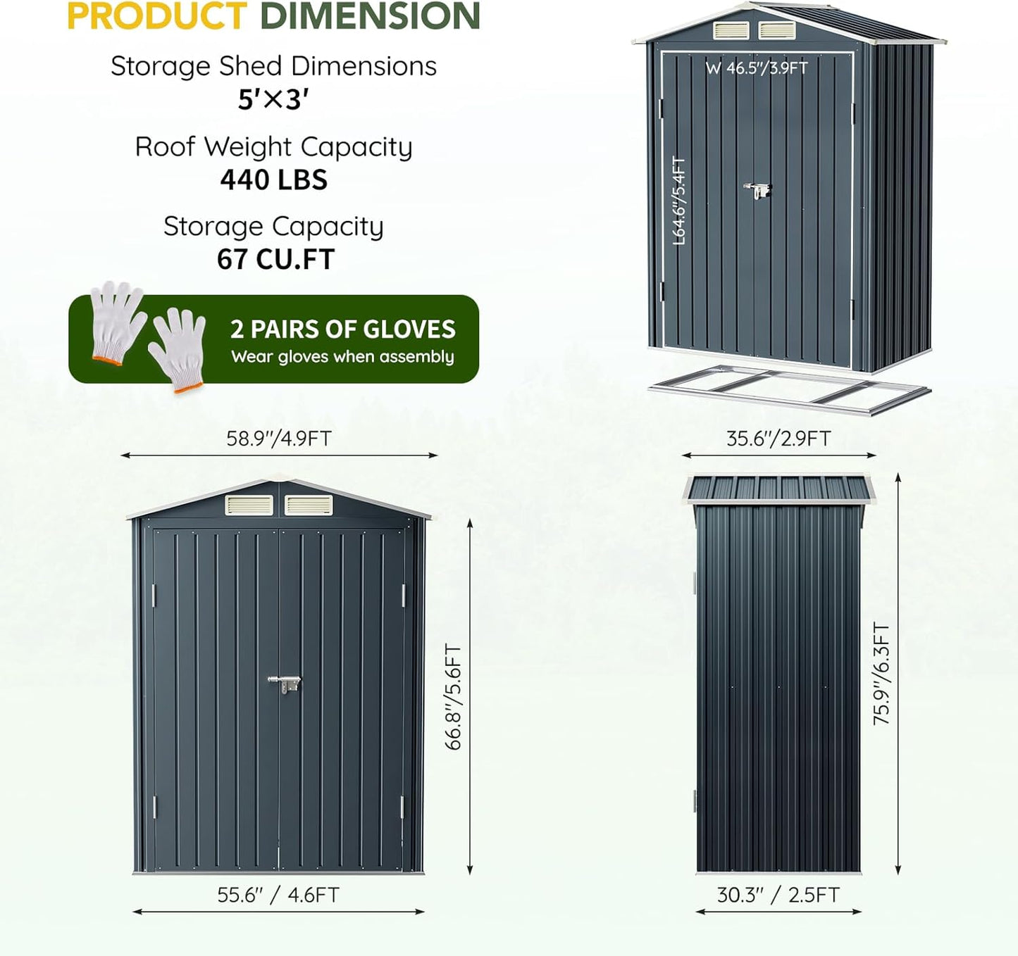 Breezz 5x3FT Vertical Outdoor Steel Storage Shed with Floor Frame, Lockable Doors, Compact Metal Tool Shed for Garden, Backyard, Patio, Utility, and Bike Storage,Nightblue