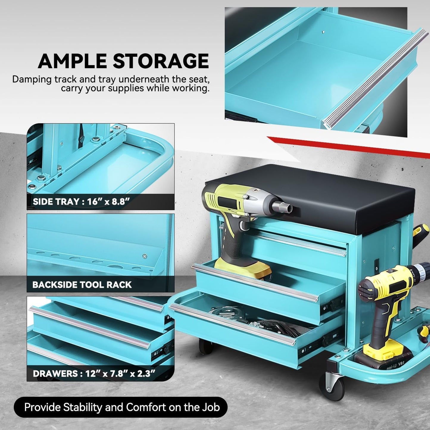 Auto Dynasty 3-Drawer Mechanic Rolling Seat, 350 LBS Capacity Roller Garage Shop Seat with Storage Tool Tray for Workshop, Repair Shop, Warehouse, Sky Blue