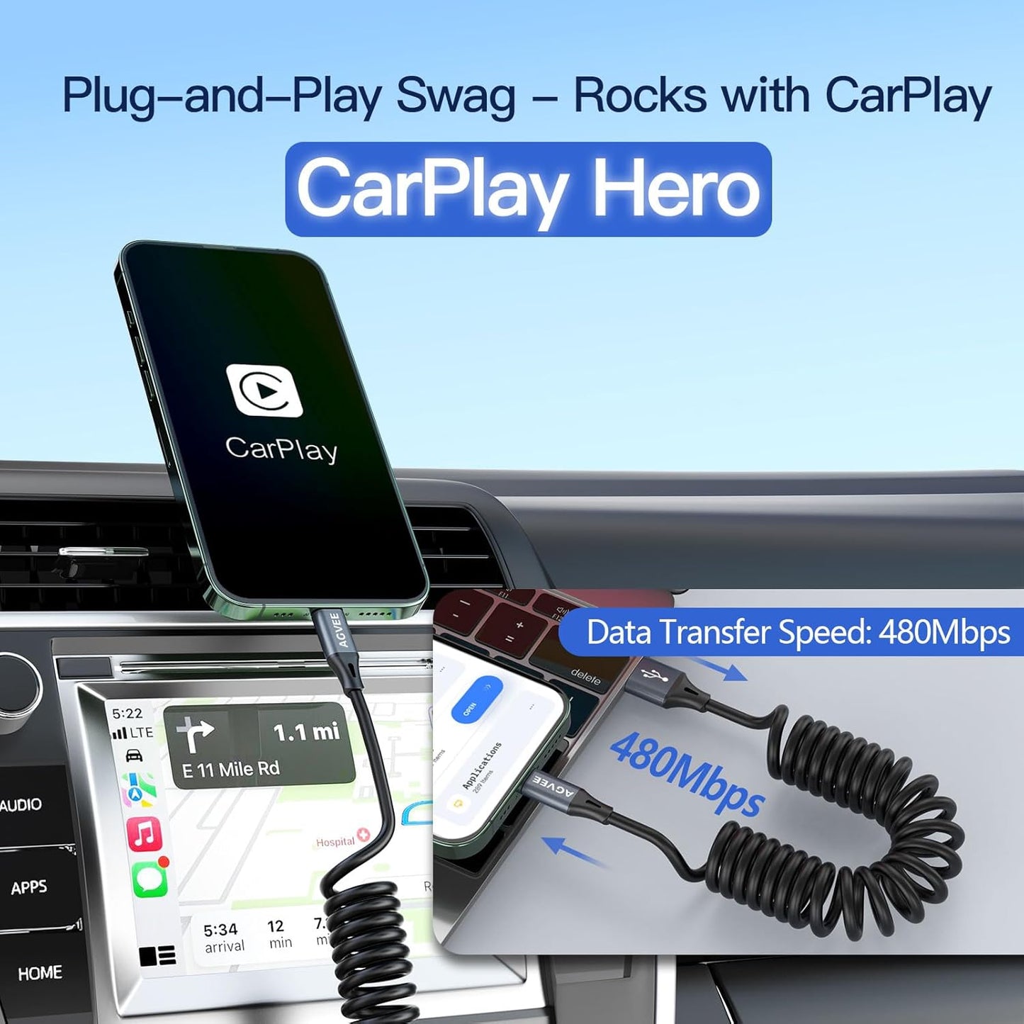 AGVEE 5ft Coiled Short USB to USB-C Charging Cable [USB-IF Certified] 3A Fast Charger Cord in Car for iPhone 16/15 CarPlay, Galaxy S25 S24 S23 S22 S21 S10 S9 S8, Google Pixel, Dark Gray