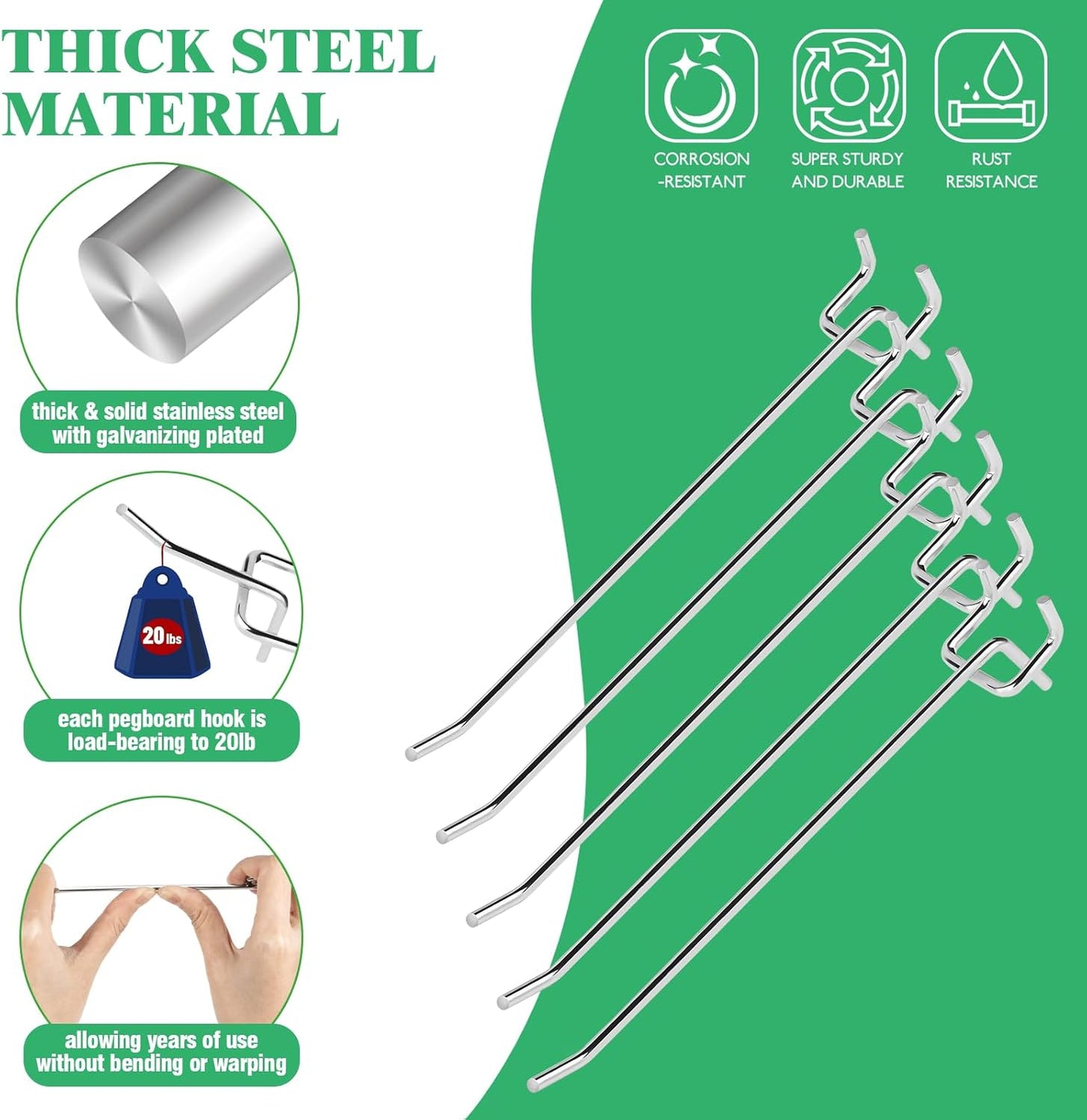 50Pcs 8"/20CM Pegboard Hooks Assortment Set, Metal Peg Board Hooks with 2.5mm Hole Pitch 4mm Wire Diameter Slatwall Hanging Hook for Garage Organization Wall Hanging (Silver)