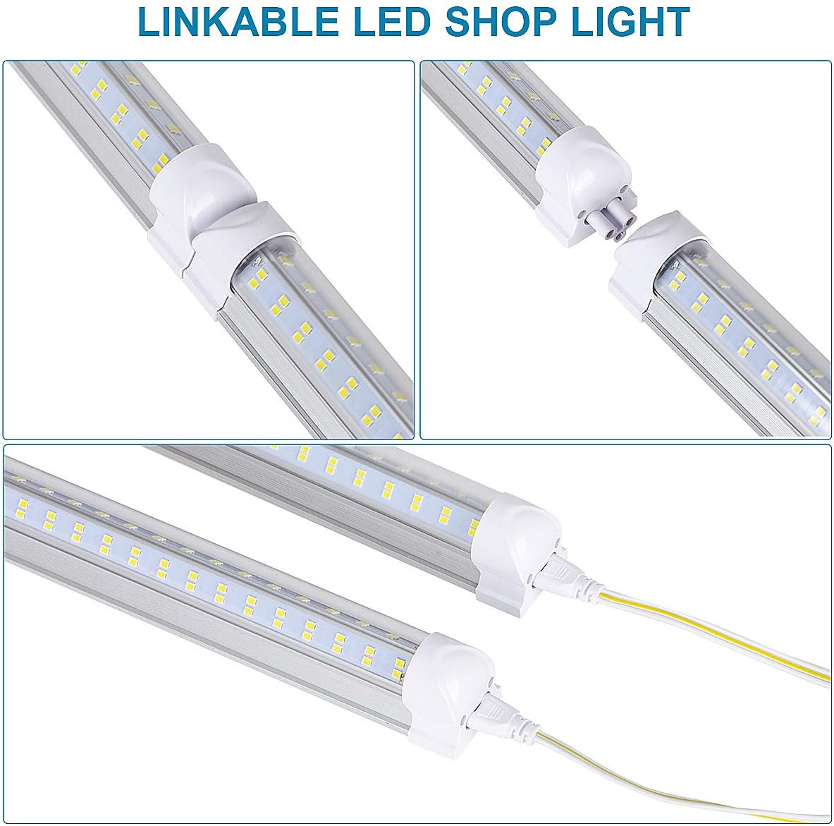 LED Shop Light Fixture, 4FT, 60W 7500LM, 6000K Cold White, 4 Foot T8 Integrated LED Tube Lights, Plug in Warehouse Garage Lighting, V Shape, Linkable with On/Off Switch (4PCS)