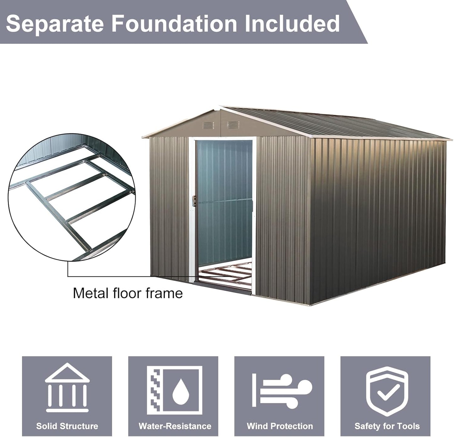 8x10 FT Outdoor Storage Shed, Metal Garden Shed with Frame Floor, Outside Tool Shed with Lockable Sliding Doors, Waterproof Storage Building with Sloped Roof for Backyard, Patio, Lawn, Gray