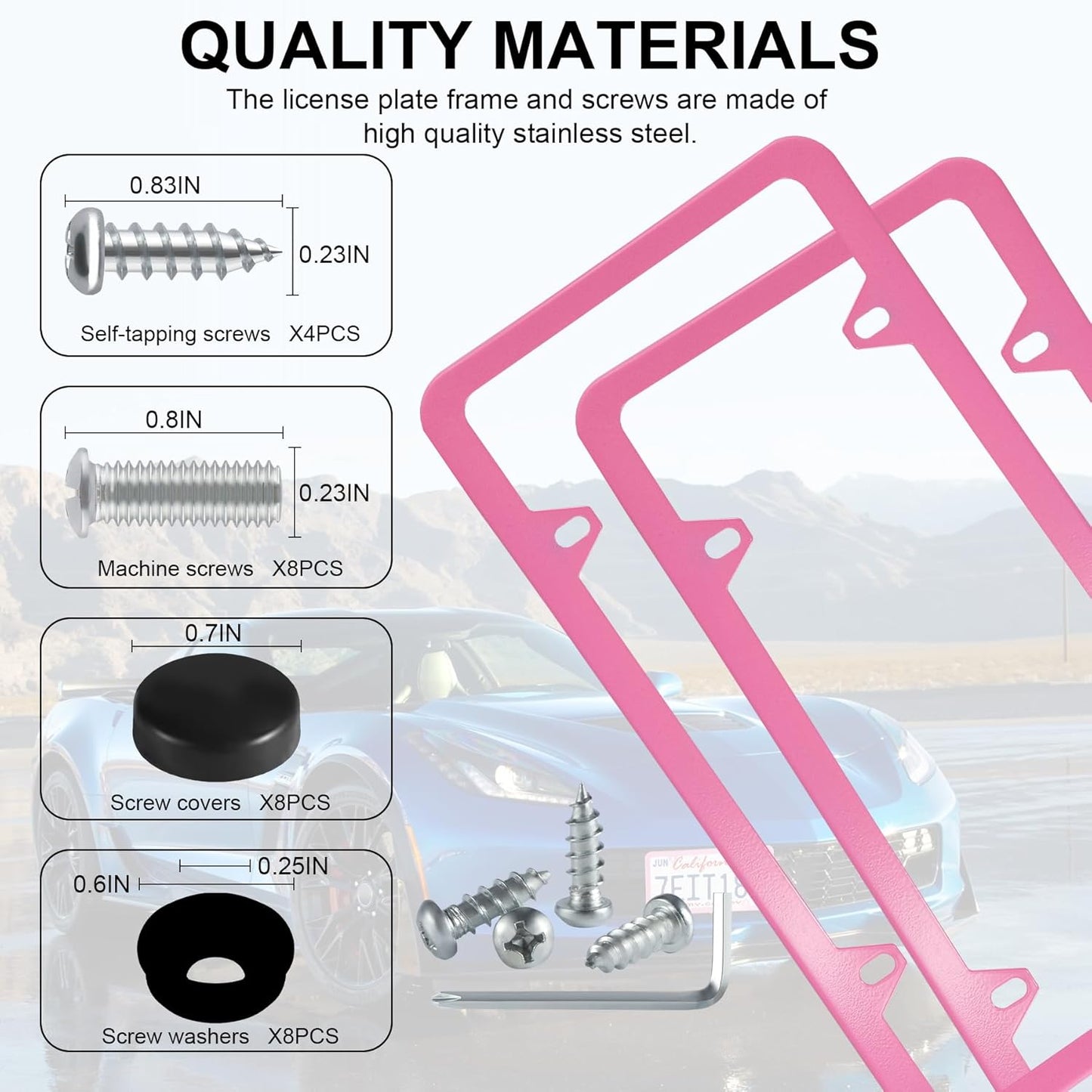 LivTee 4 Holes Stainless Steel License Plate Frames, 2 PCS Car Licence Plate Covers, Automotive Exterior Accessories Slim Design with Bolts Washer Caps for US Vehicles, Pink